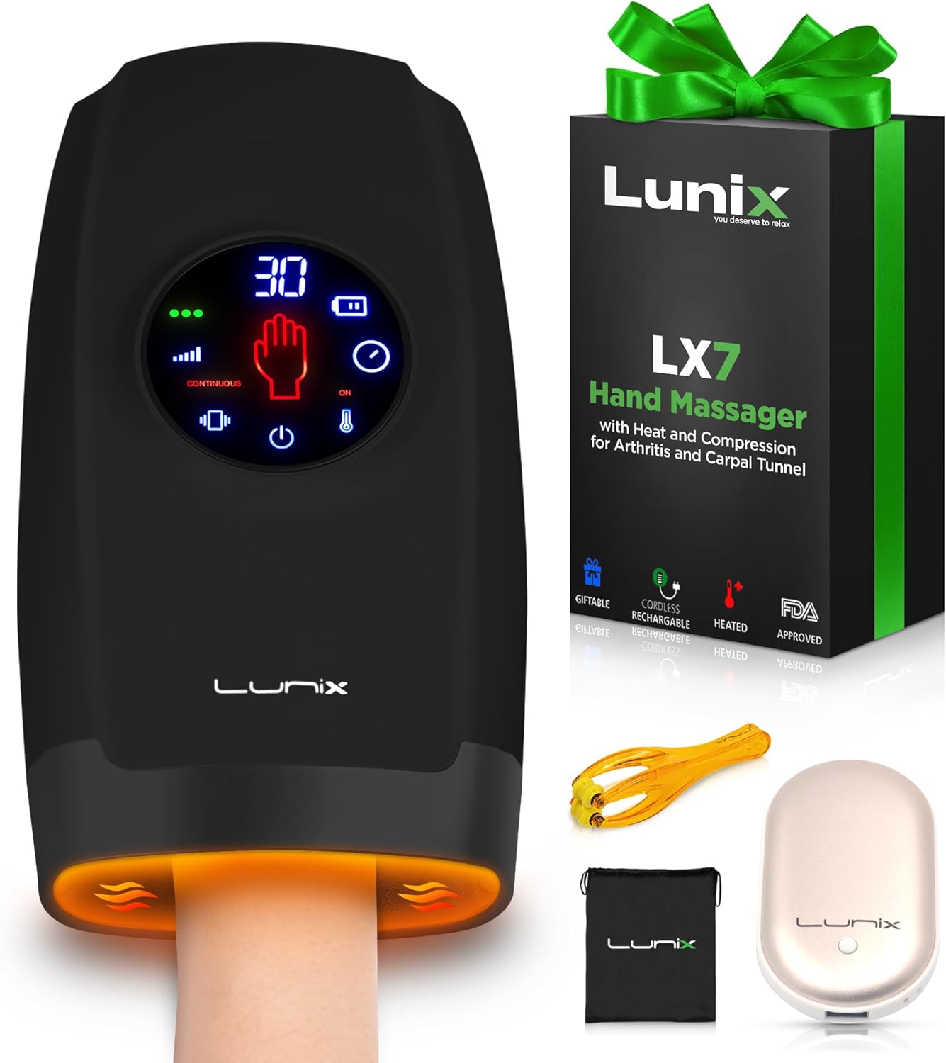 Lunix LX7 FSA Carpal Tunnel & Wrist Pain Relief Device, Heated Air Compression Hand Massager for Arthritis, Mothers Day Gifts for Women & Mom, Touchscreen, Charcoal Black