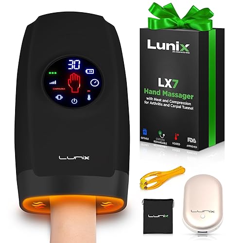 Lunix LX7 Electric Hand Massager with Compression, Pressure Point Therapy for Arthritis, Pain Relief and Carpal Tunnel, Shiatsu Massage Machine with Heat, with Hand Warmer, Black