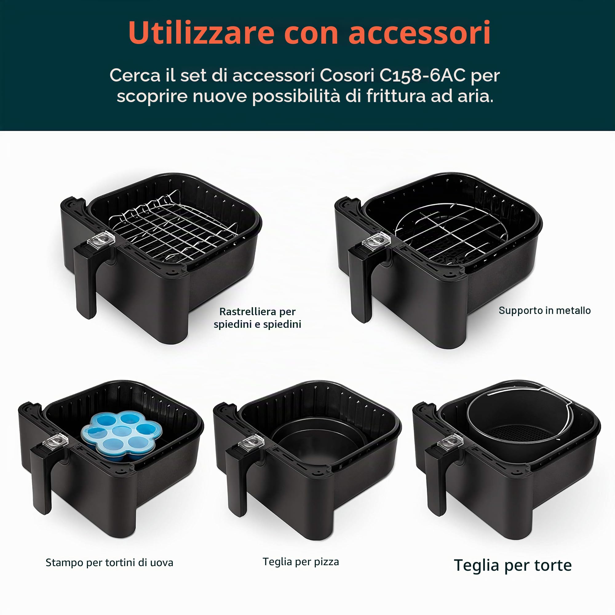 COSORI Cestello di ricambio per friggitrice ad aria, 5,8 l, per friggitrici ad aria CP358 e CS358, cestello antiaderente, lavabile in lavastoviglie, nero