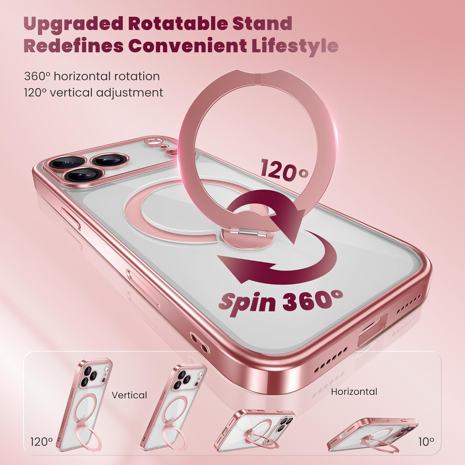GolbinBox for iPhone 17 Pro Max Case with 360° Spin Magnetic Stand,[Compatible with Magsafe] [Military Protection][Built-in Ring Holder] Camera Control Phone Case for 17 Pro Max,Pink/Clear