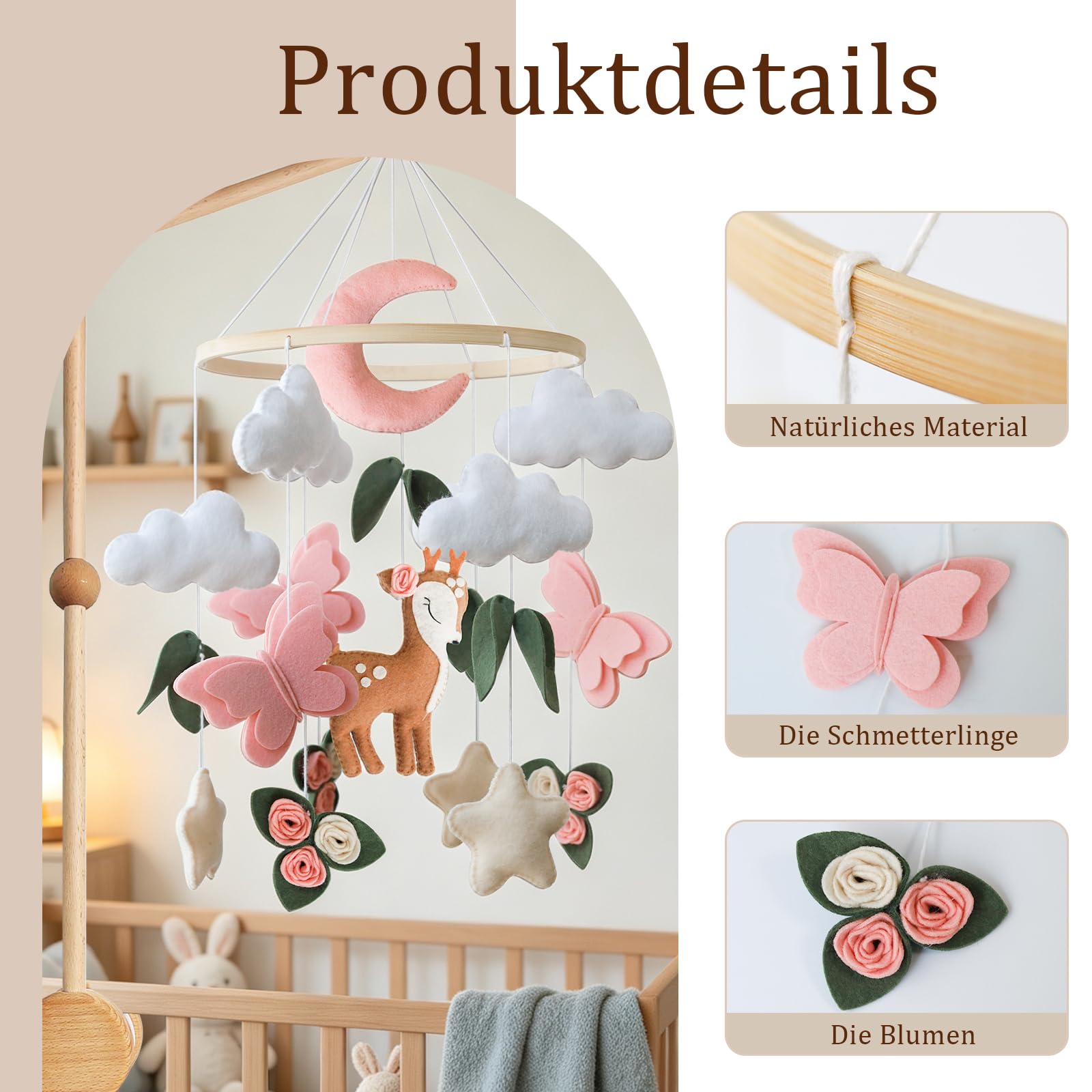 Giostrina per culla con cerbiatto, luna rosa, farfalla e nuvola in feltro, decorazione mobile per culla per bambine, regalo per baby shower