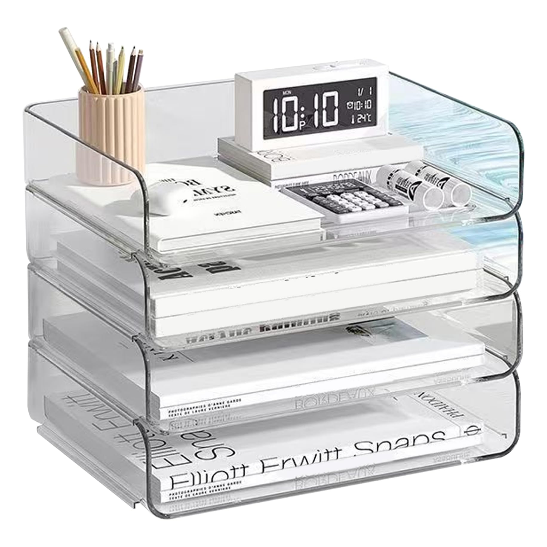 Organizador de escritorio acrílico, organizador de escritorio transparente apilable de 4 niveles para papel A4, cartas y libros - Almacenamiento de archivos de PET transparente para o.