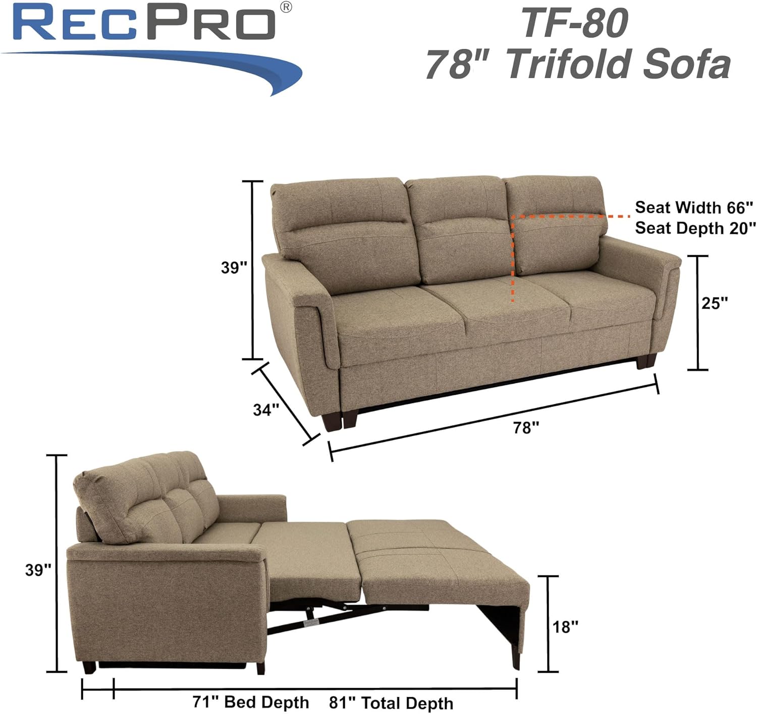 RecPro RV Trifold 78" Sofa Bed Loveseat in Mahogany | Sleeper Sofa | Suprima Leather | RV Furniture