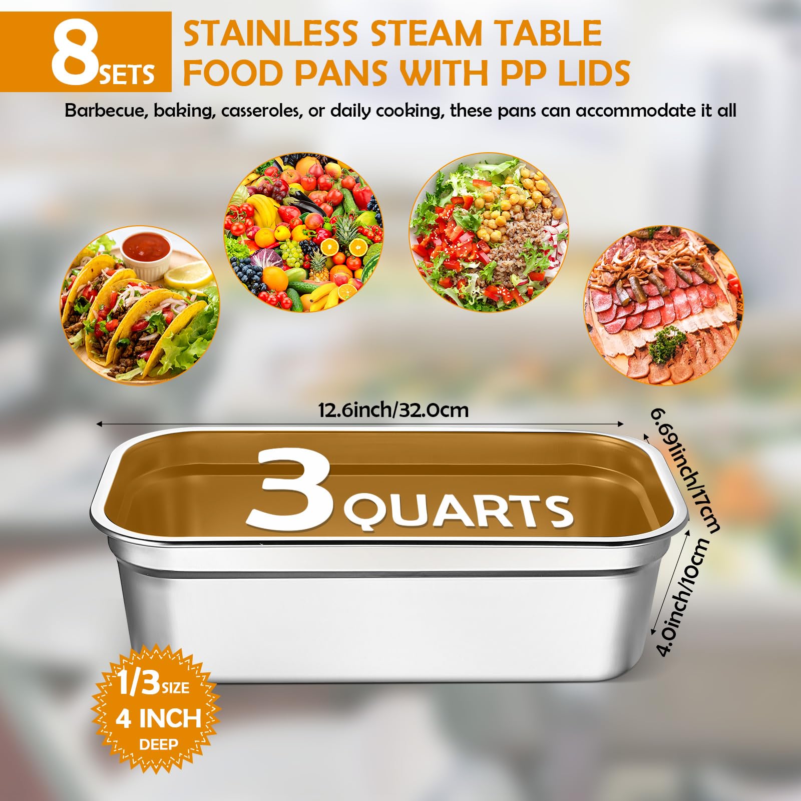 8 Stück Hotelpfanne, 1/3 Größe, Edelstahlbehälter, Dampftischpfanne, Catering-Tabletts mit Deckel, Edelstahl-Gefrierbehälter für Party, Restaurant, Küche, kommerzielles Buffet, Servieren (10,2
