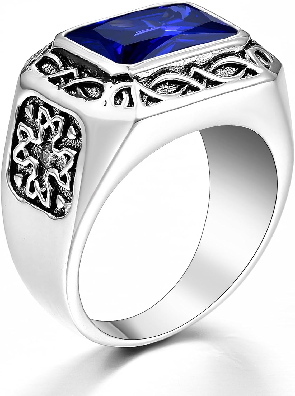 12x8mm Simulated Mens Gemstone Ring Stainless Steel Vintage Celtic Mens Ring, Blue|Red|Black Stone Signet Style Rings for Men Wedding Gift for Husband, Father, Grandpa Size 8-12 - Image 3