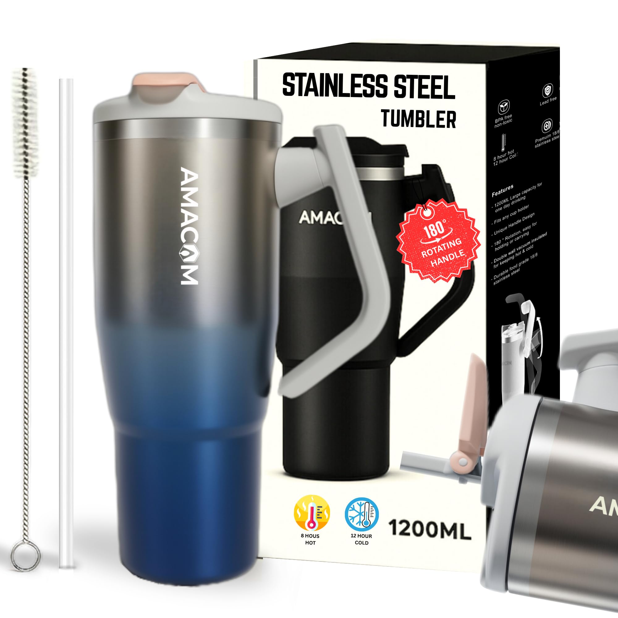 Amacom Insulated Stainless Steel 1.2 L Tumbler With Lid and Straw | 100% Leak‑Proof Hot & Cold Travel Mug For Office, Gym, Car Cup Holder | Double Wall Vacuum Sipper With Rotating Handle (Silver Blue)