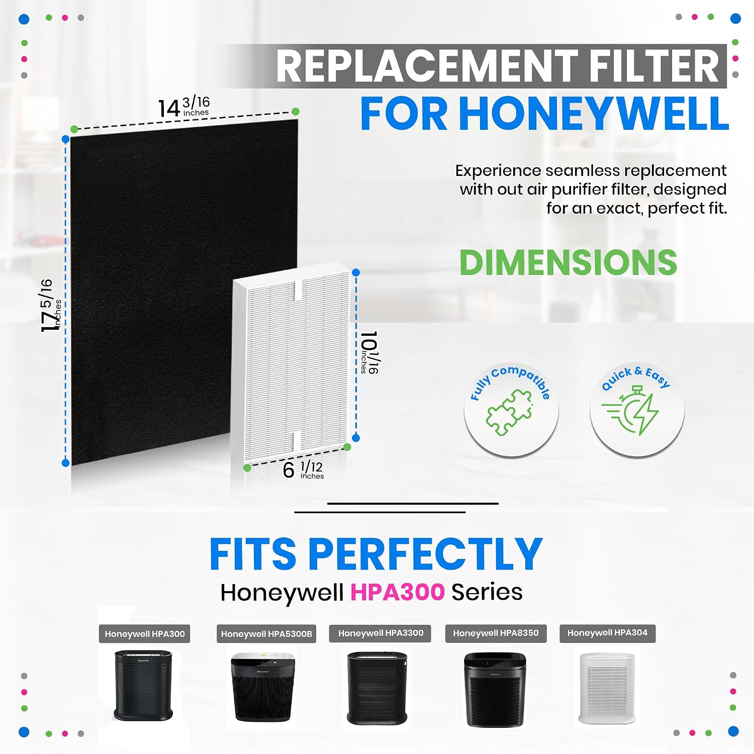 Bagean HPA300 Filter R Compatible with Honeywell Air Purifier Filter Replacement - HRF R3 A Fits HPA5300B - H13 True HEPA with Carbon Filters 99.98% Particles & Purifies Air (3 HEPA + 4 Carbon)