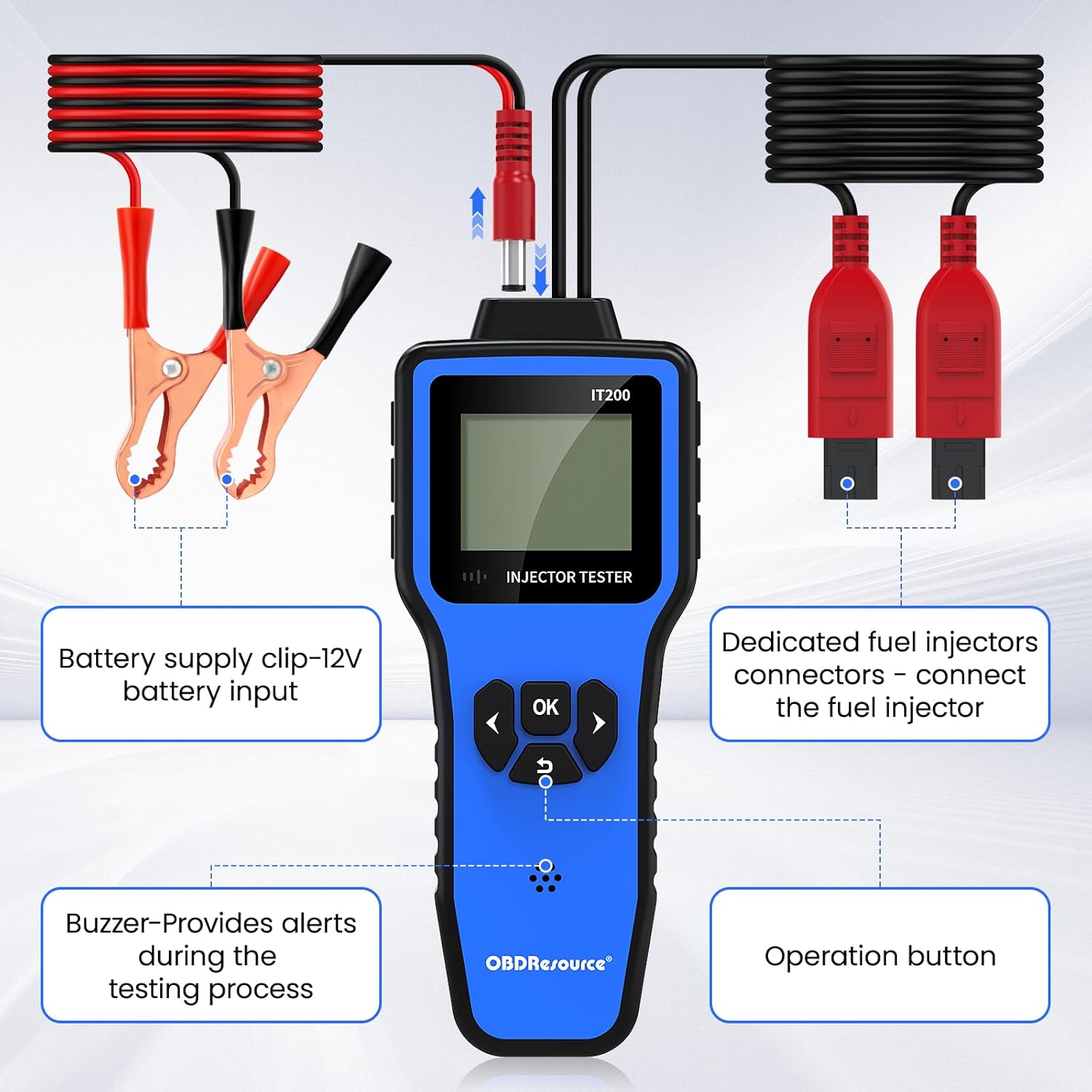 OBDRESOURCE Automotive Car Fuel Injector Tester and Adapter Kit,12V Vehicle Fuel System Diagnostic Tool with LED Display,10 Pulse Modes Injector Tester,12V/5V DC Output Power