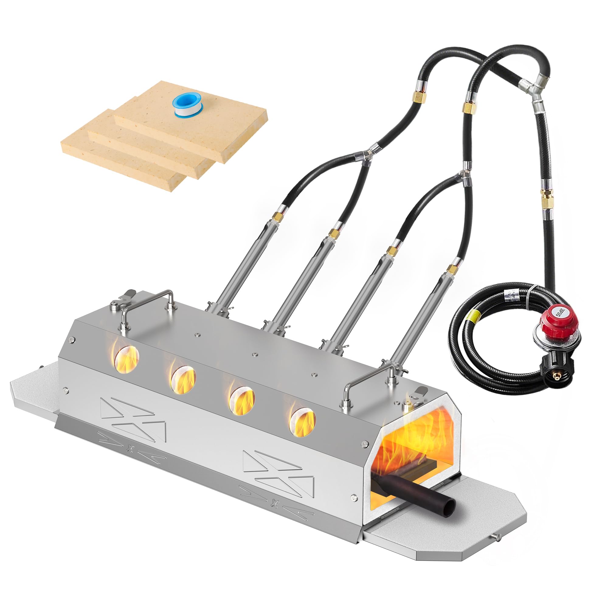 Gas Propane Forge 2600°F,Double Door,Large Capacity,Portable Equipment,Knife Making(Stainless Steel) Blacksmithing Farrier tool,Gas Welding Kits, Forge Kit (Four Burners)