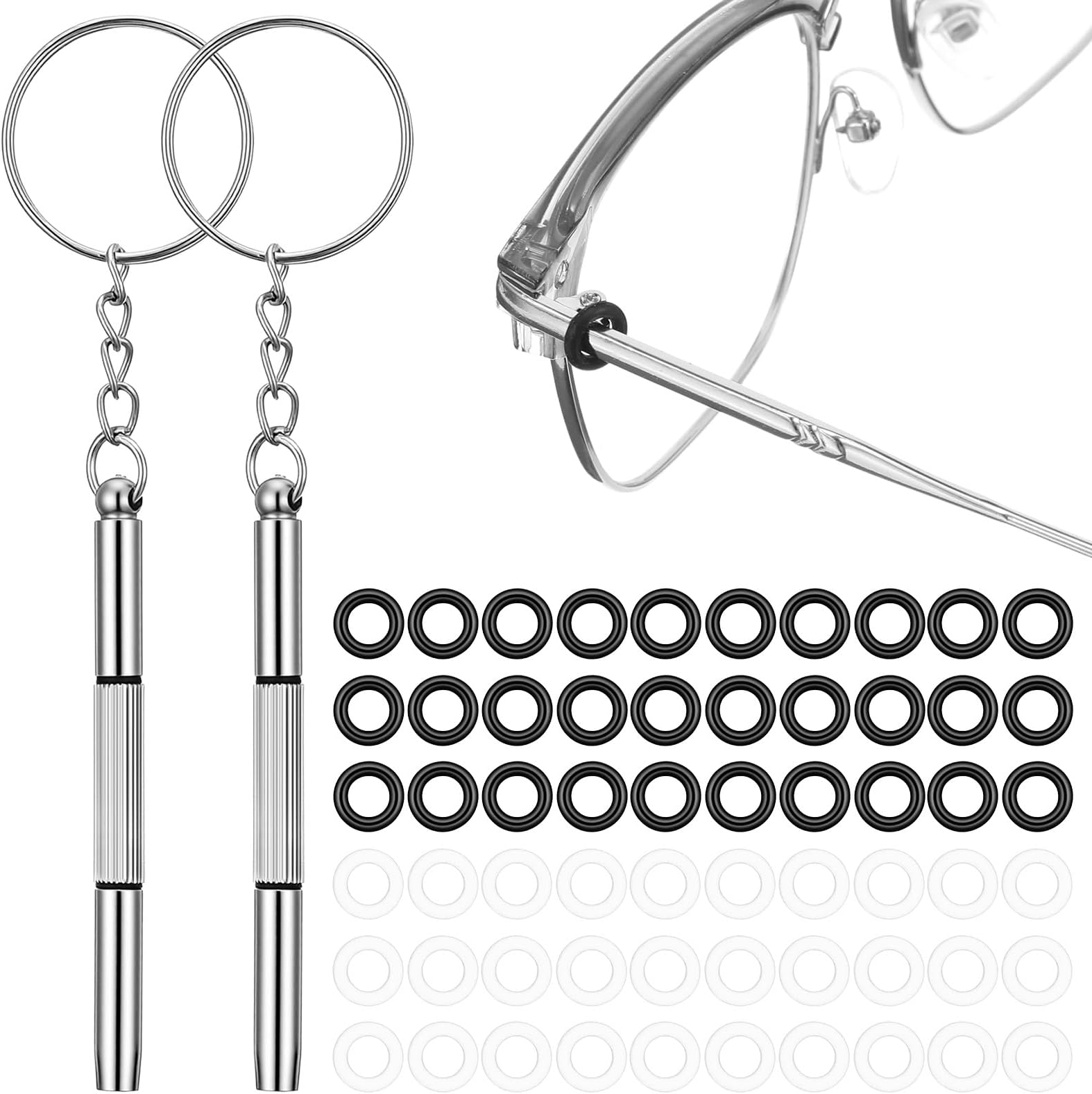 60 Pcs Eyeglass Hinge Tighteners Eyeglass Repair Kits Silicone Frame Grips Universal Eye Glass Tightening Kit with 2 Pcs Screwdrivers for Women Men Loose Temple Arms Accessories