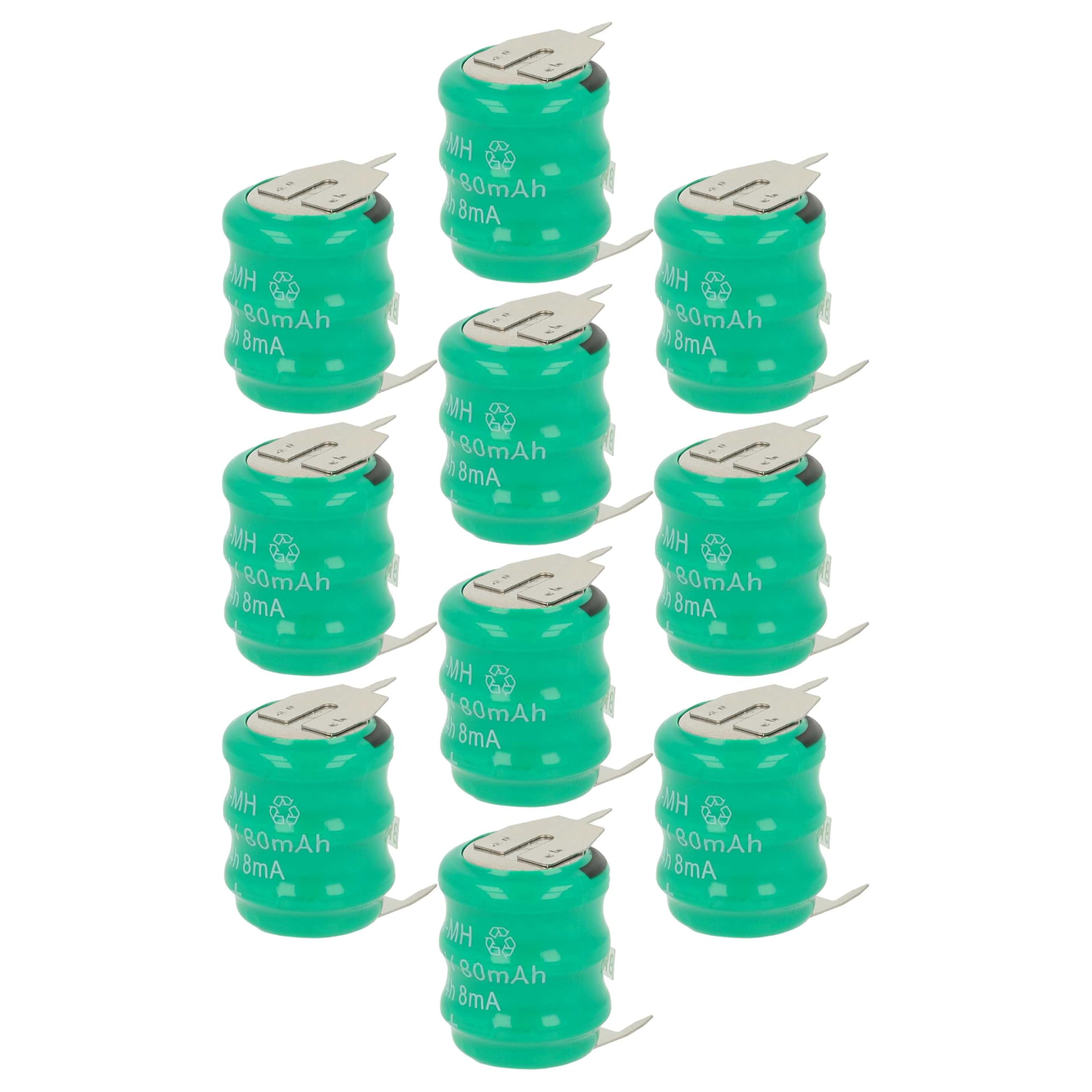 vhbw 10x NiMH Ersatz Knopfzellen-Akku Typ V80H 3-Pins 80mAh 3,6V kompatibel mit Modellbau-Akkus, Solar-Leuchten UVM.