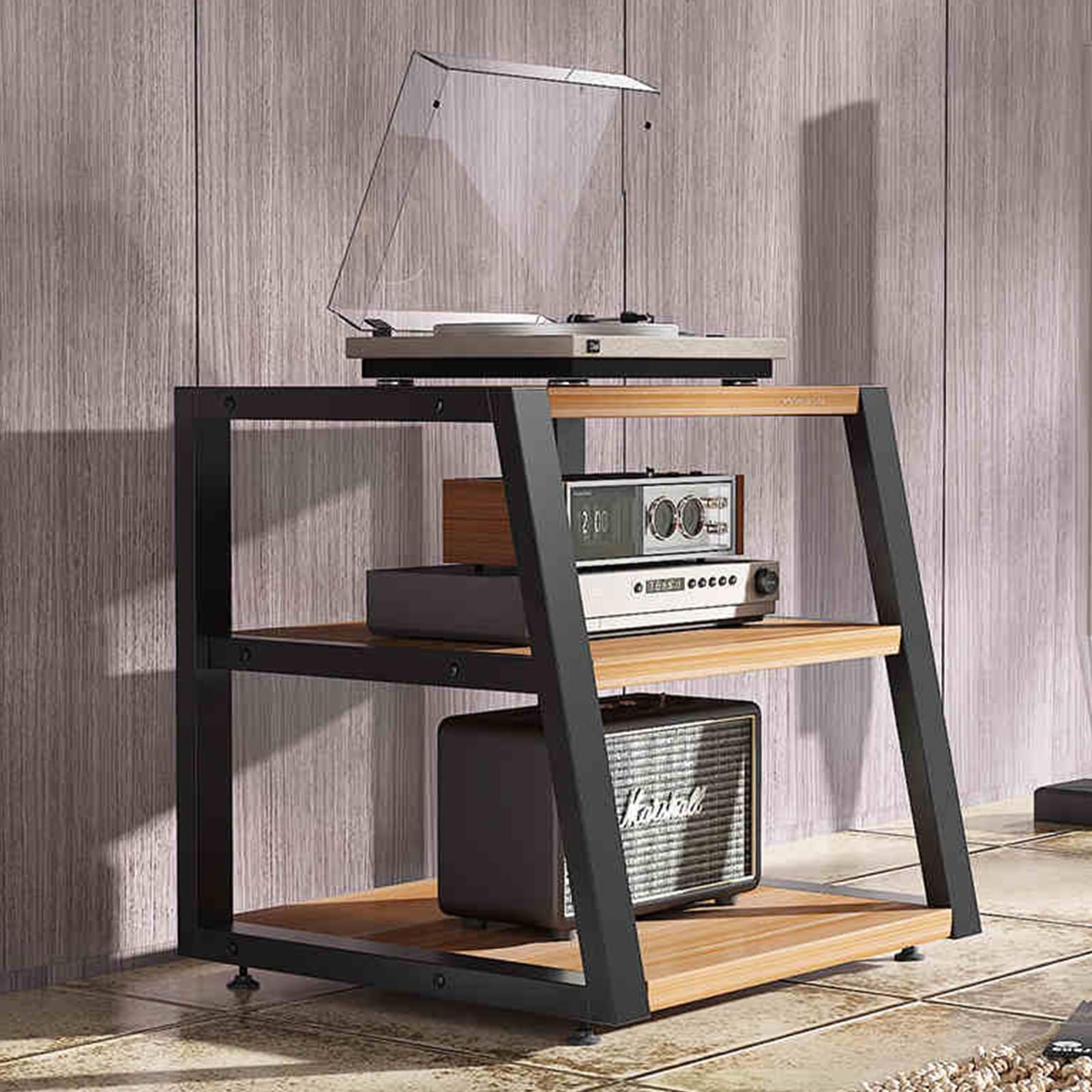 Soporte de medios de audio y video con gabinete de almacenamiento de medios en madera natural