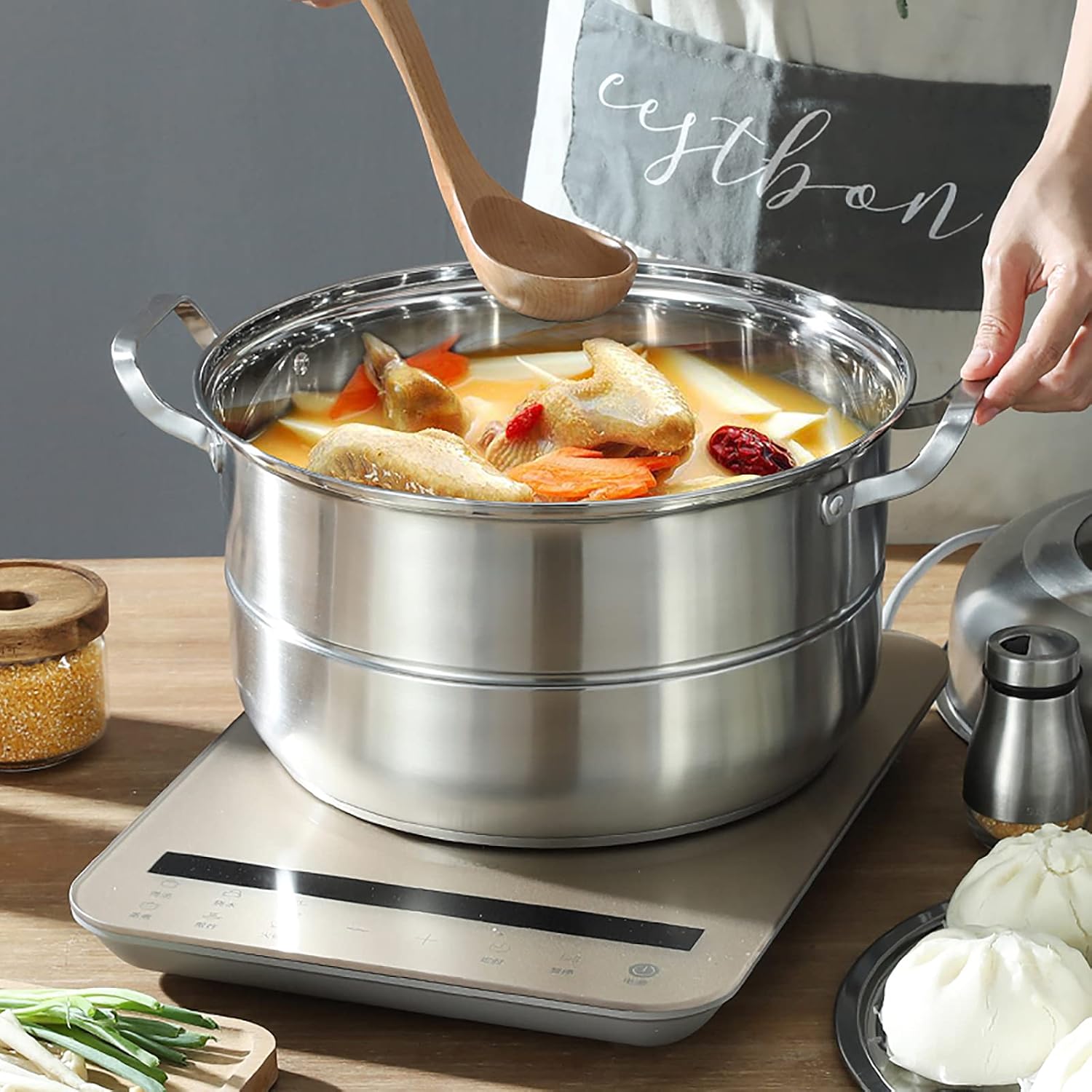 5 Layer Rice Noodle Roll Steamer w/Glass Lid 5 Levels Rice Noodle Roll Steaming Machine Diameter 32cm Stainless Steel Steaming Machine for Families, Chinese Tea Restaurants, Western Restaurants