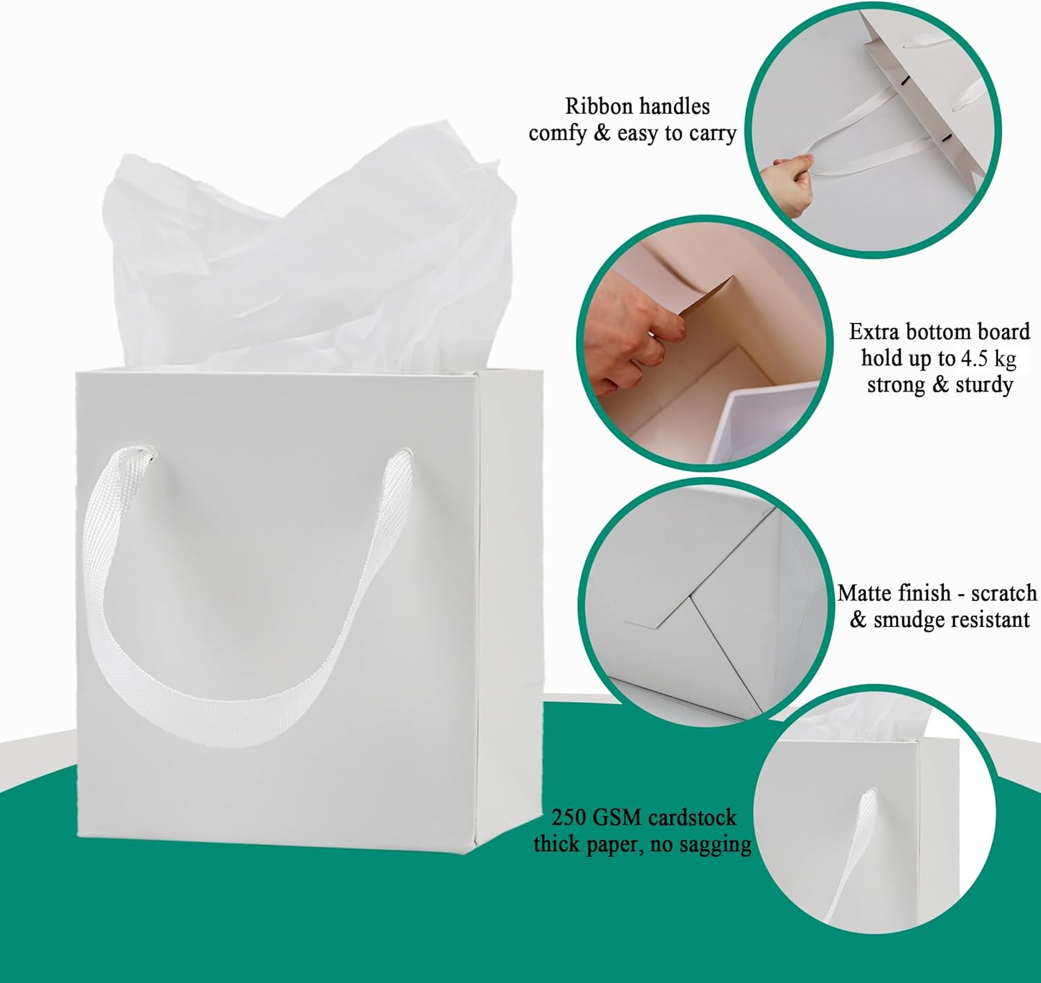 Aosric 30 Pack 5x3x8 White Gift Bags with Tissue Paper - Small Sturdy & Reusable Boutique Gift Bags with Ribbon Handles for Jewelry, Perfume, Party Favors, Wedding, Birthdays, Christmas and Holidays