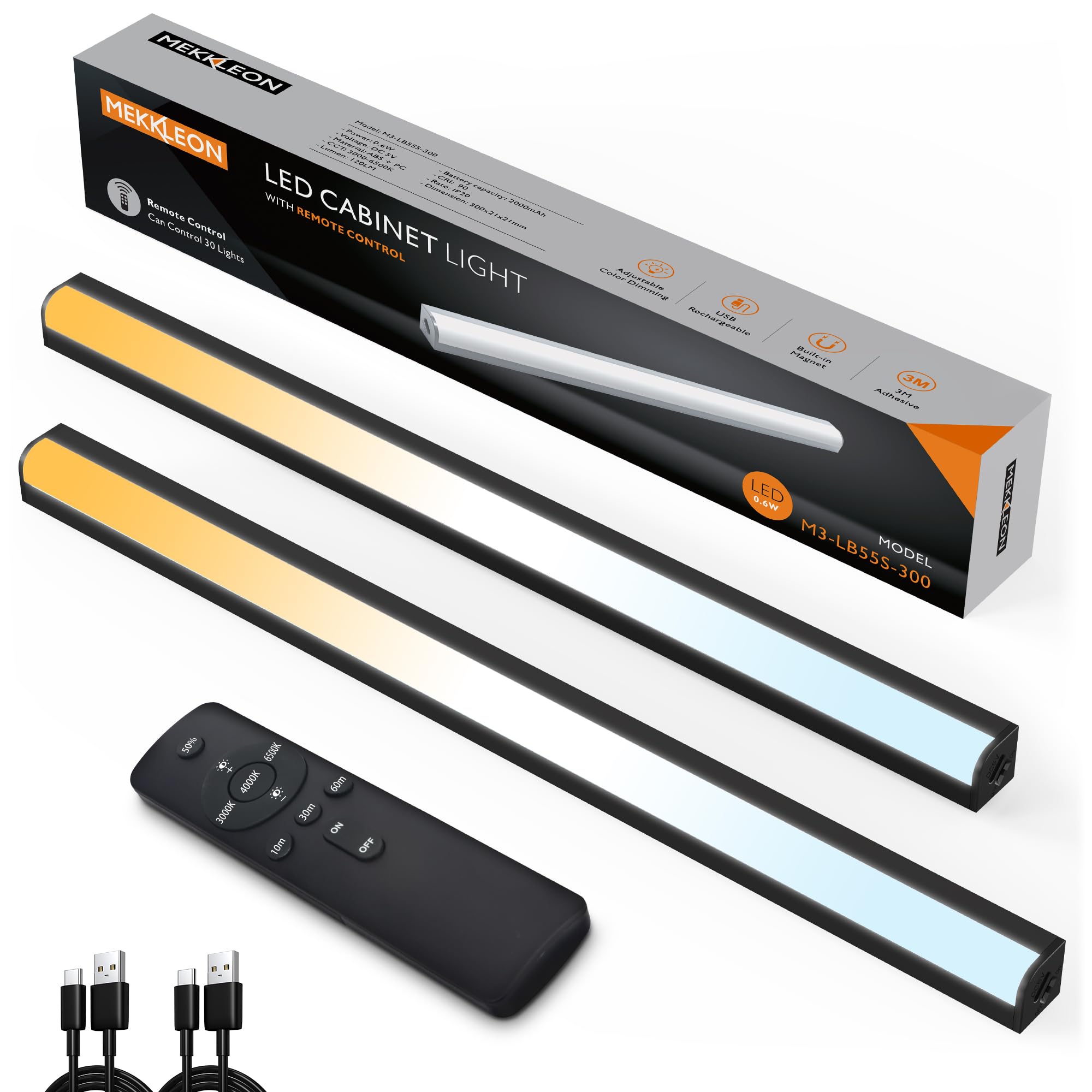 Under Cabinet Lights Remote Control, Magnetic Dimmable Closet Lights,USB Rechargeable Wireless LED Shop Light,Ceiling and Under Counter Lights for Kitchen (Black, 30CM-2 Pack)