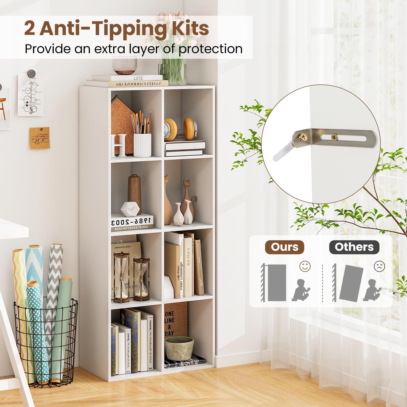 KOMFOTTEU Libreria Scaffale con 8 Cubi, Libreria Legno con 2 Dispositivi Antiribaltamento, Mobile Contenitore per Soggiorno, Camera da Letto, Ufficio, 121,5 x 29 x 61 cm (Bianco)