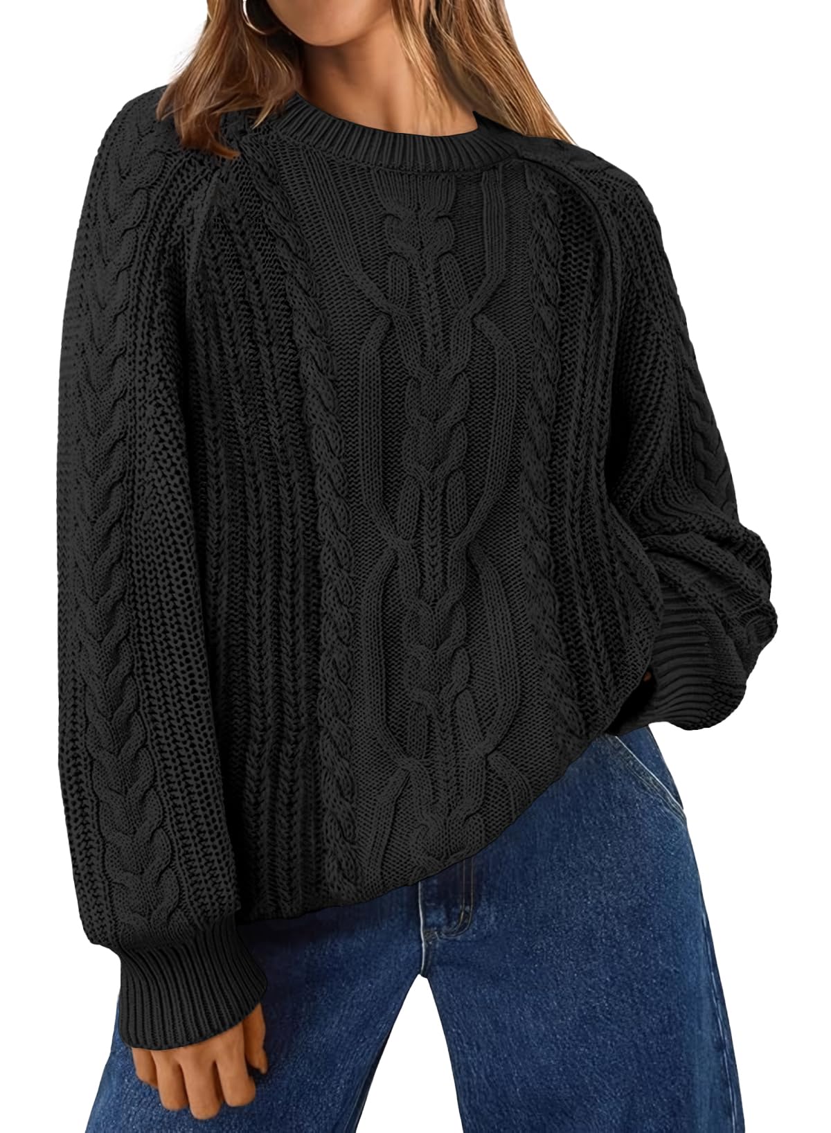 EVALESS Womens Sweaters Casual Crewneck Long Sleeve Cable Knit Chunky Lightweight Oversized Sweater Pullover Outfits