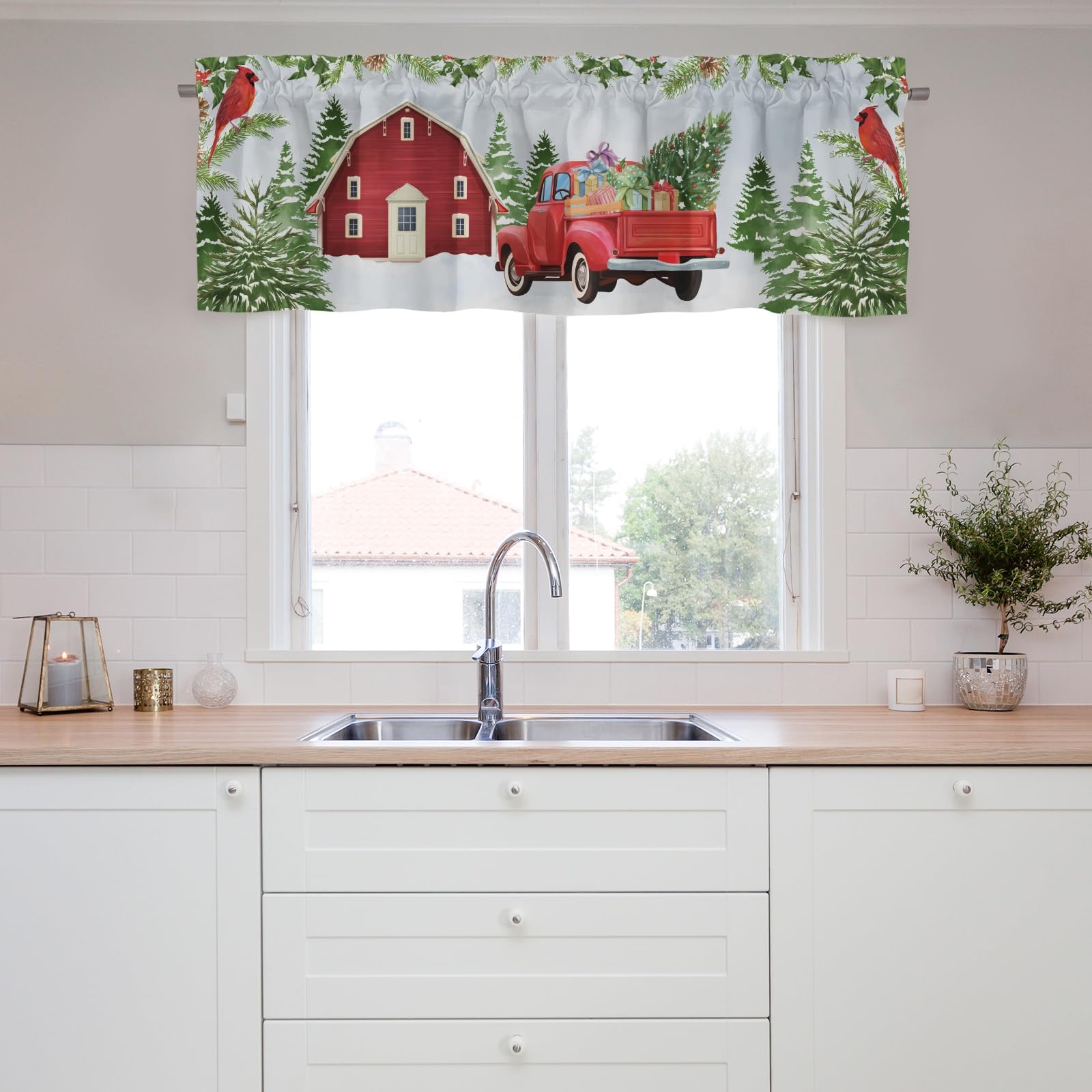 Christmas Truck Valance Curtains,Window Valance Short Curtains,Blackout Valance Curtains,Rod Pocket Short Window Valance Curtains,Farmhouse Window Curtains for Kitchen Living Room Bedroom Bathroom