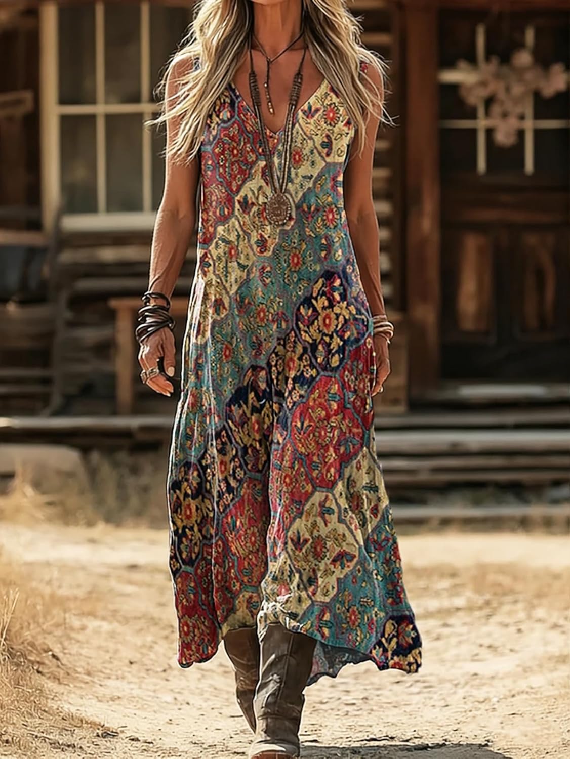 Women’s V-Neck Spaghetti Strap Maxi Dress Bohemian Vintage Ethnic Print Loose Fit Summer Beach