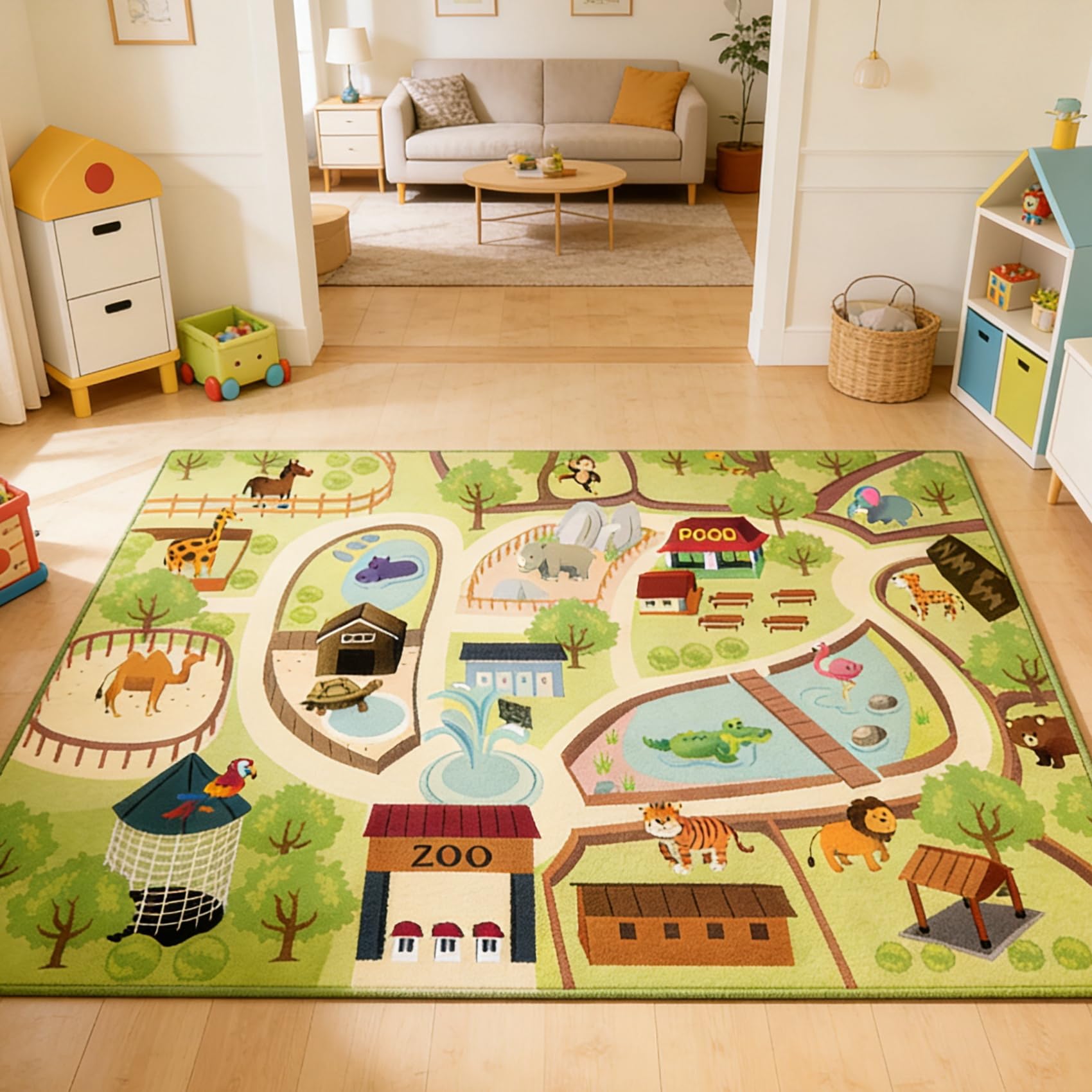 Kinder Teppich Spielteppich Straßen Maschinenwaschbar Kurzer Flor Pädagogischer Spielteppich， rutschfest Autoteppich Junge Mädchen für Schlafzimmer & Spielzimme (Zoo, 100x200 cm)
