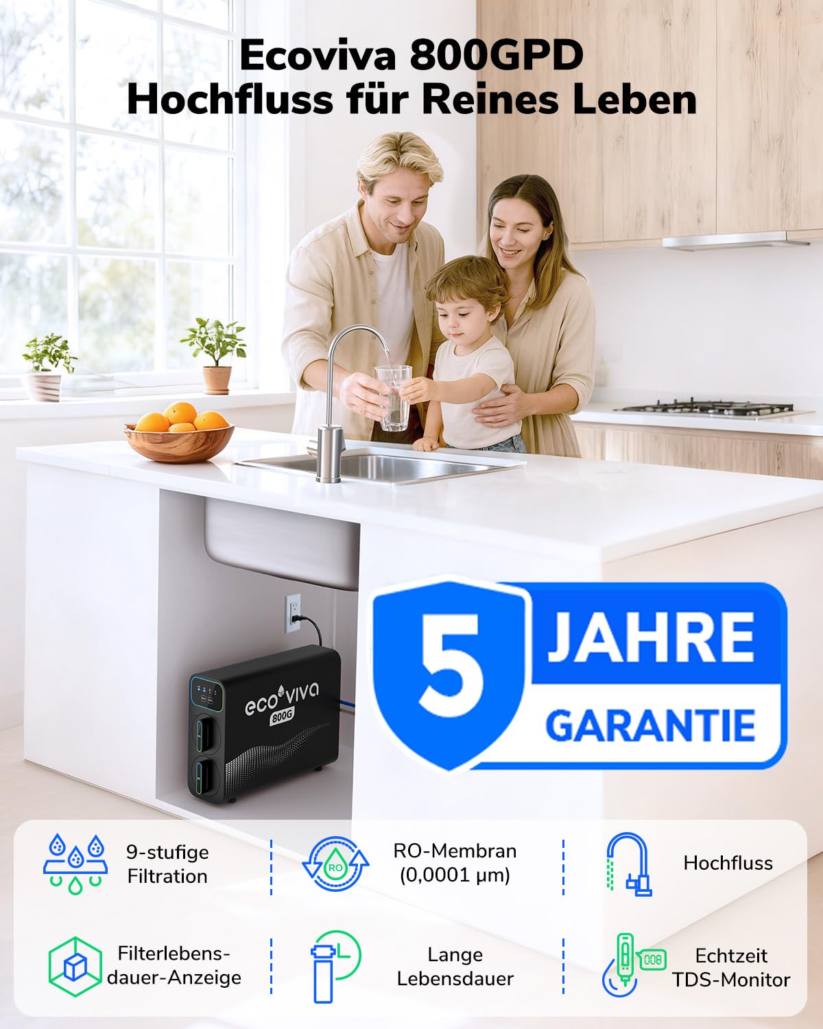 Ecoviva Impianto ad osmosi inversa E8 con, 800 GPD (3028 L/giorno), filtro acqua potabile, filtro a 9 stadi RO, filtro per l'acqua sotto il tavolo, rapporto risparmio 2,5:1