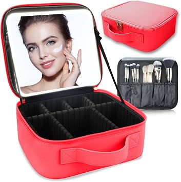 Makeup Bag with Led Mirror,with 3 Color Setting,Portable Storage and Adjustable Dividers Travel Makeup Bag, for Women and Makeup Artists Large Vanity Makeup Cases-Light Red