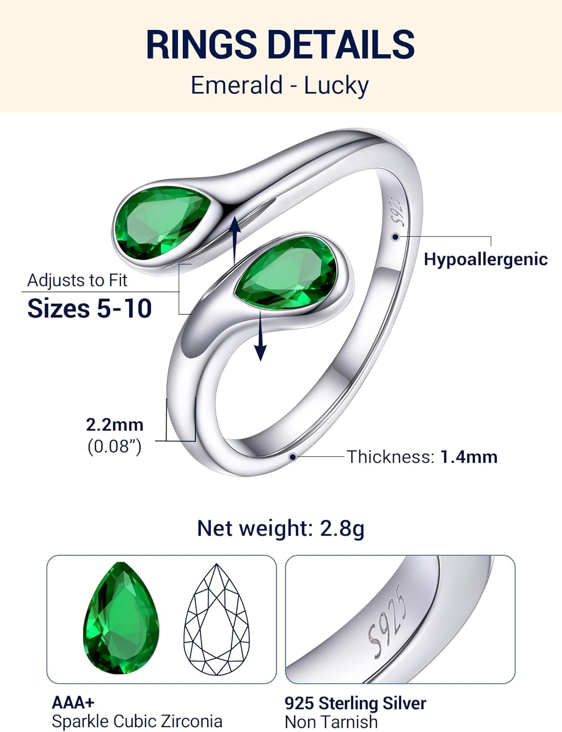 PROSILVER S925 Sterling Silver Rings for Women Dainty Birthstone Statement Ring, Dual Pear-Cut Gemstones, Open Band Rings, Jan - Dec Available - Image 3
