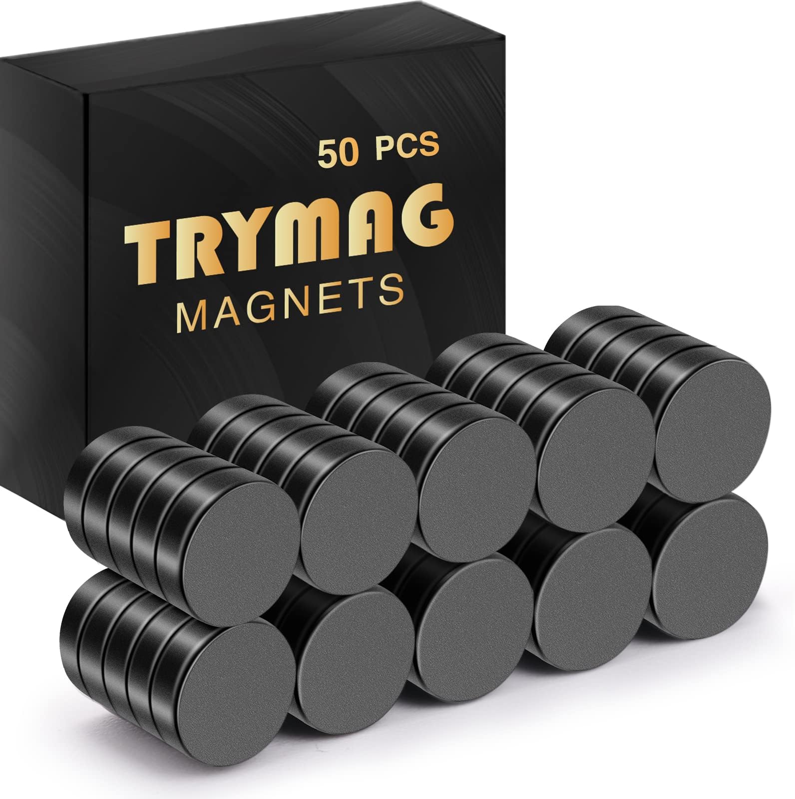 TRYMAG Small Rare Earth Refrigerator Magnets, 50Pcs 10x3mm Black Strong Neodymium Disc Magnets for Fridge, Whiteboard, Billboard, Crafts, Office, Tiny Round Button