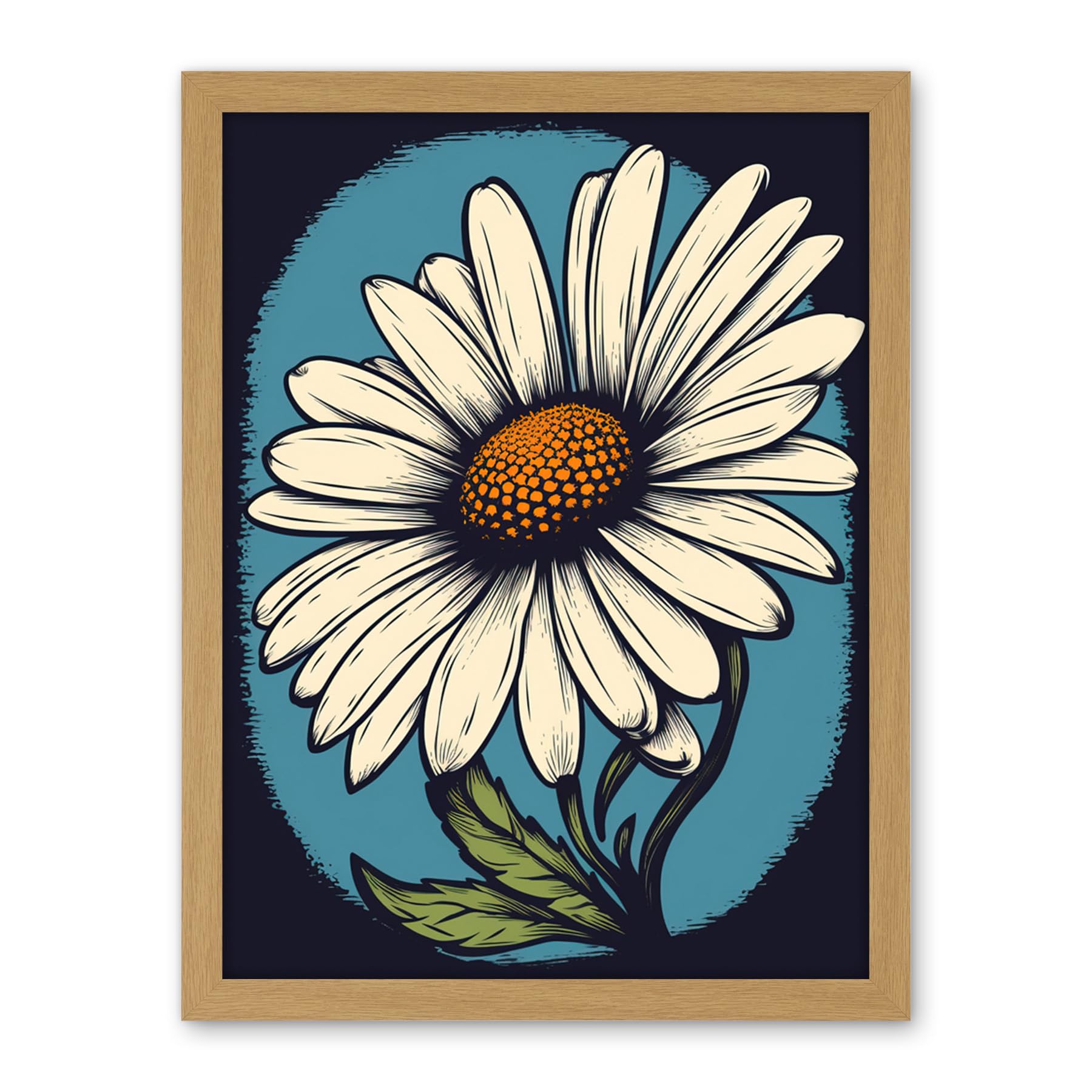 Artery8 A Single Daisy Flower Bloom Bold Rockabilly Americana 50s Artwork Framed Wall Art Print 18X24 Inch