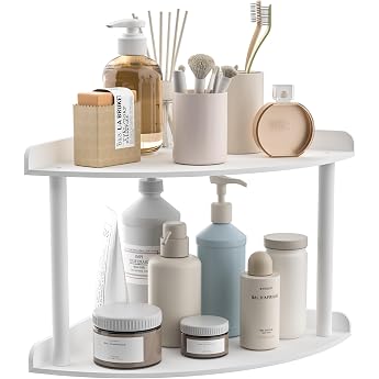 Sezanrpt 2-Tier Acrylic Corner Shelf Organiser Storage 24 x 24 x 21 cm White Countertop Corner Shelf for Bathroom Kitchen Bedroom Office Study