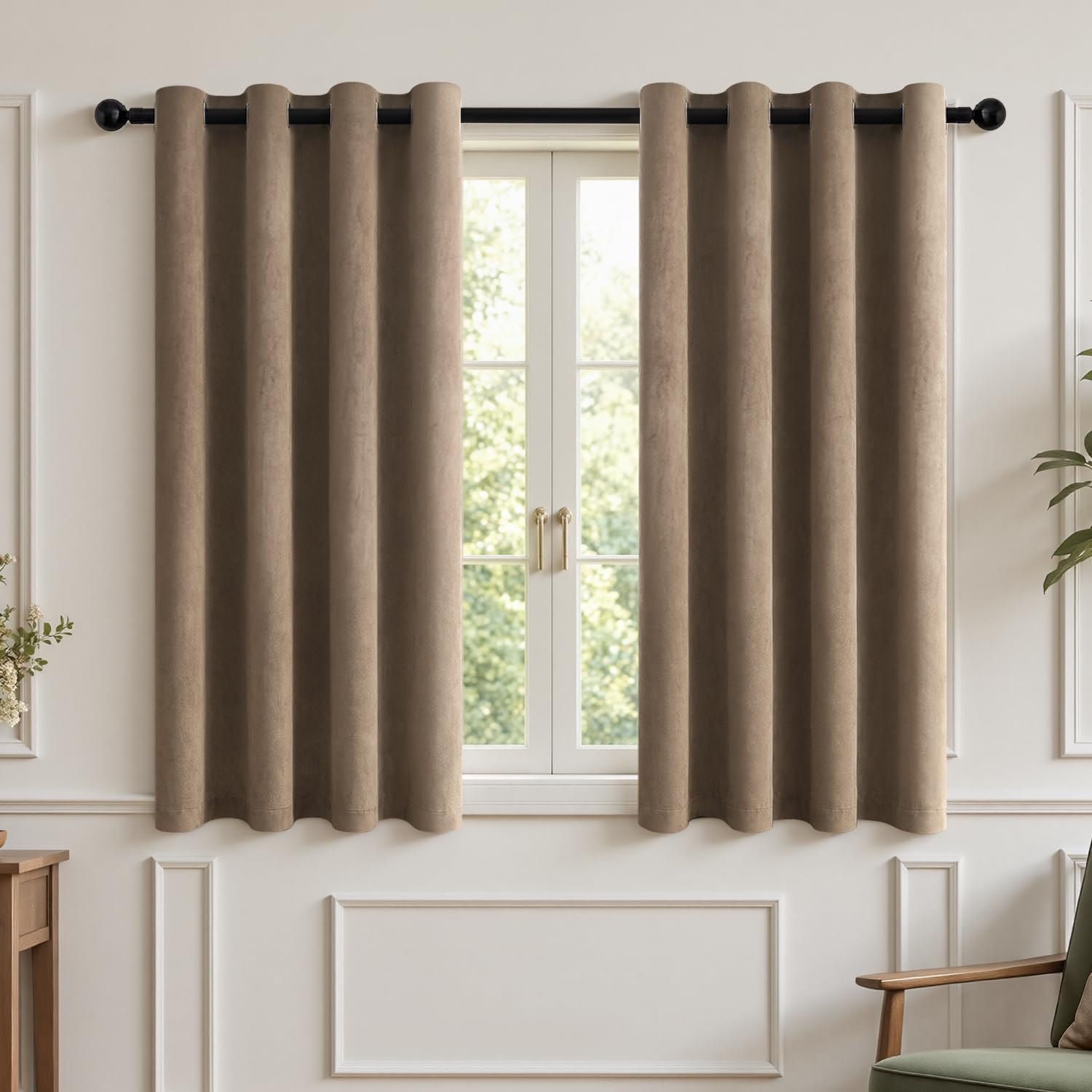 TOPICK Soft Thermal Velvet Curtains Living Room Bedroom, Warm Taupe W46xL54