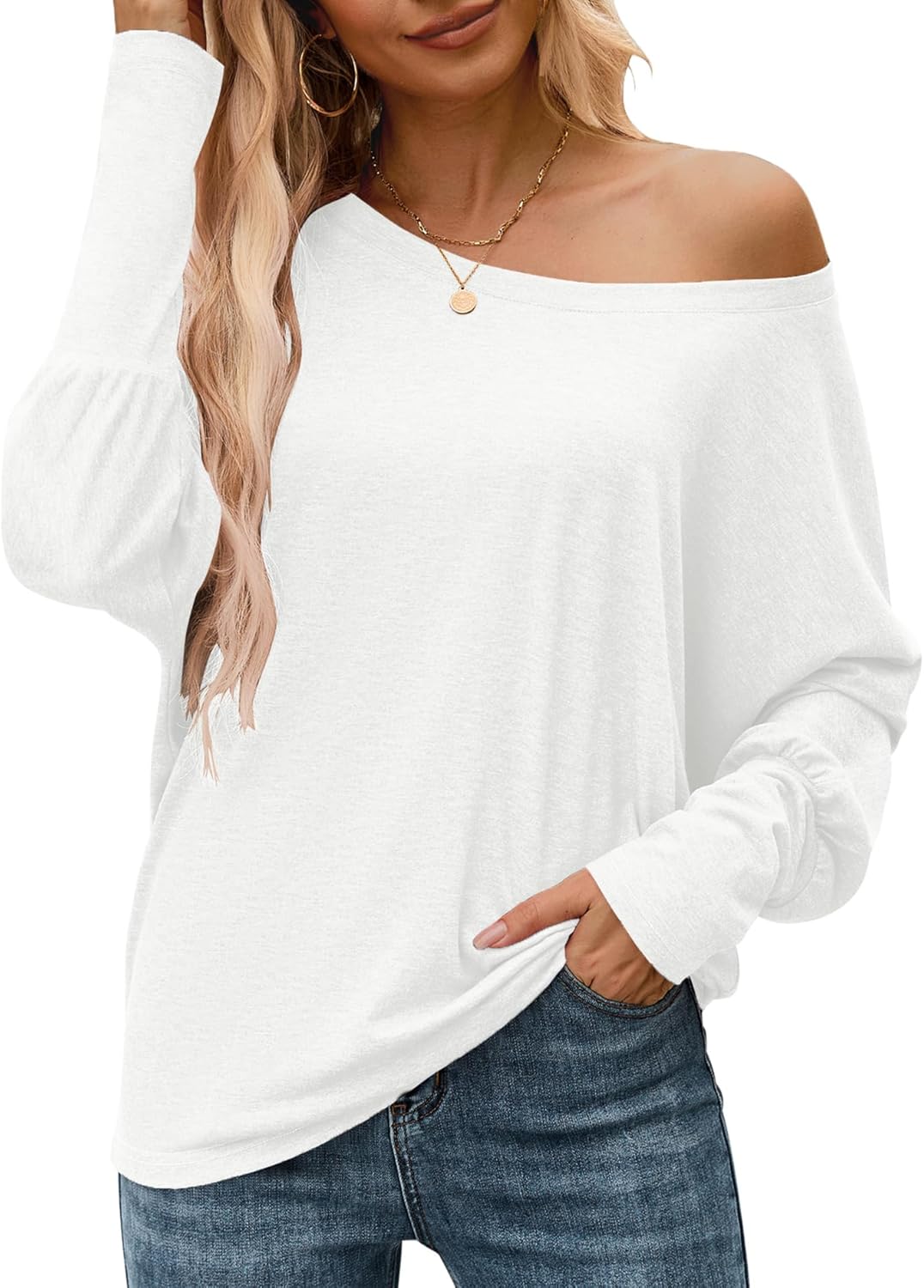 AUSELILY Women's Off Shoulder Long Sleeve T-shirts Boat Neck Batwing Tunic Tops Loose Casual Oversized Shirts 2025 Fall New