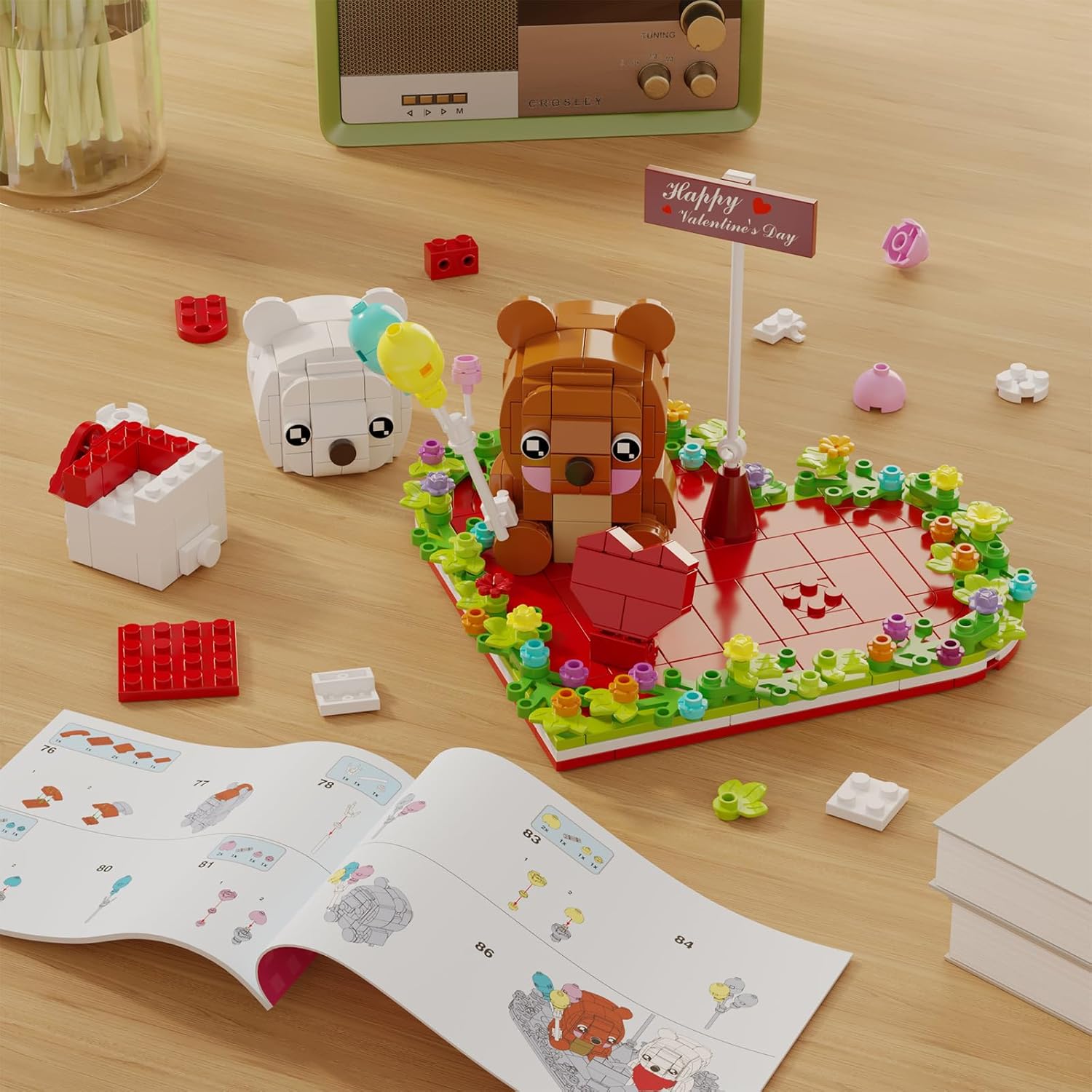Valentine's Bear Building Blocks Toys for Lover, Love Heart Ornament Frame Cute Brown and White Bear Bricks Kit, Valentines Day Crafts Galentines Gifts School Exchange for Adults Kids Girls or Boys