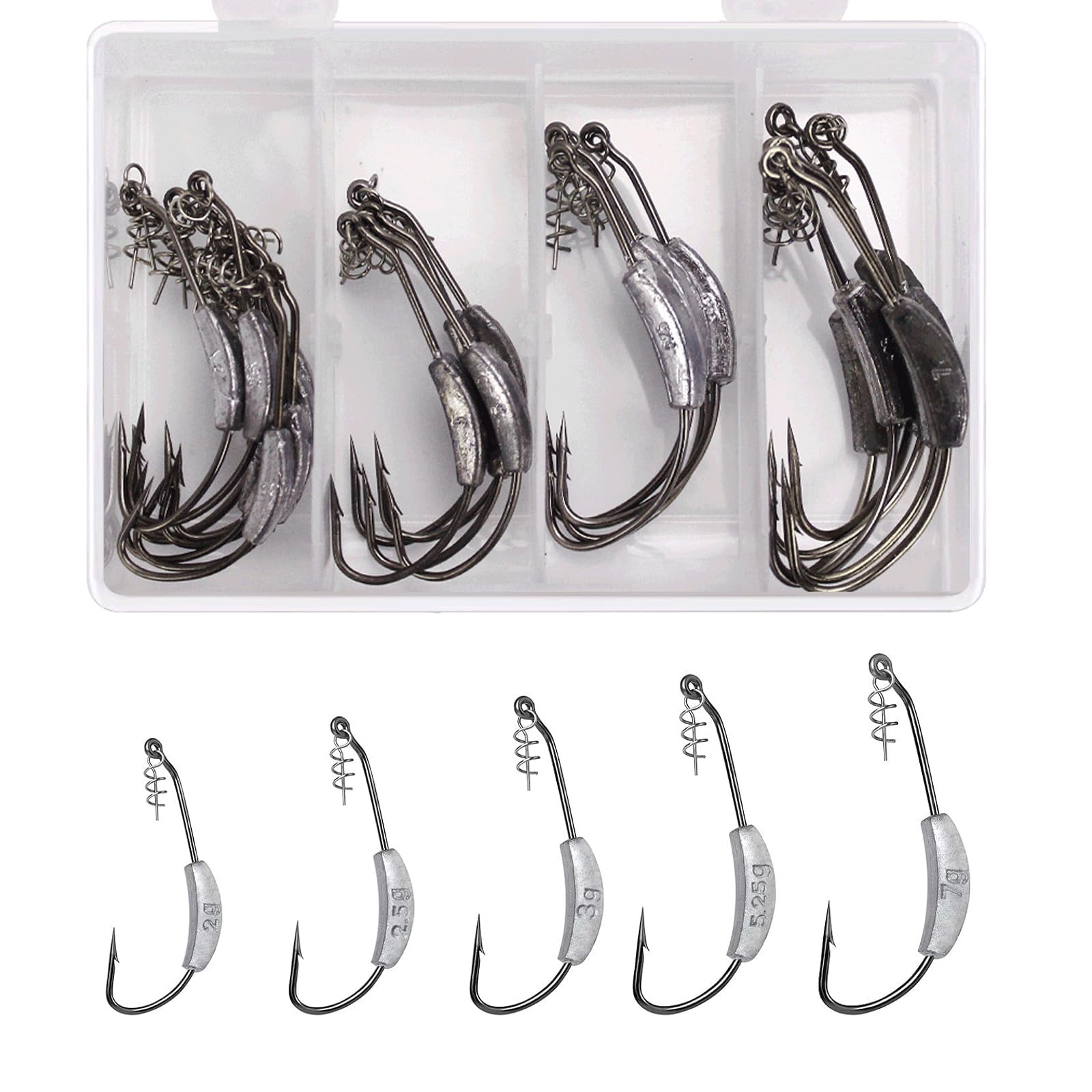 25Pcs Weighted Swimbait Hooks, Jig Heads with Twist Lock, Weighted Fishing Hooks Saltwater Worm Weedless Hooks for Bass Fishing, Mixed 5 Size 1/0 2/0