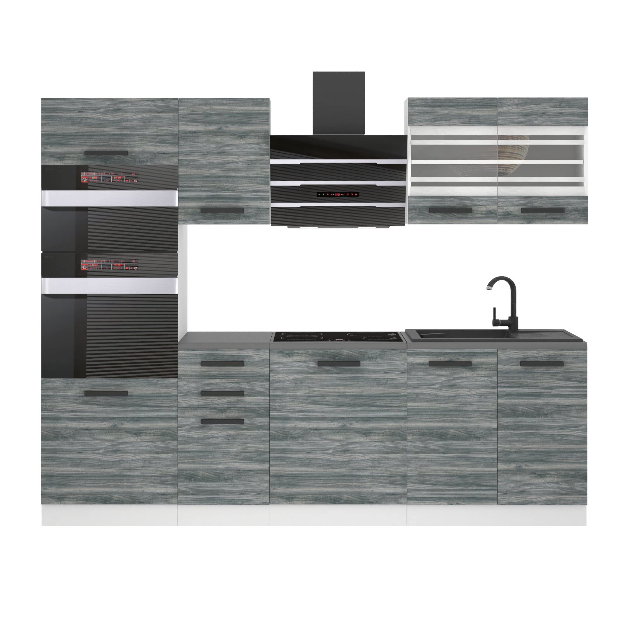 Belini cucina 240 cm Tracy, con piano di lavoro, legno, rovere Glamour | Blocco cucina mobili da cucina cucina componibile completo senza elettrodomestici con pensili e mobili bassi