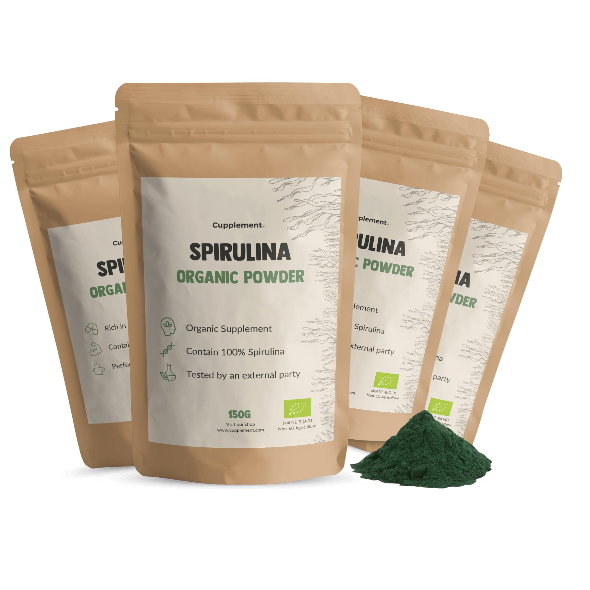 Bio Spirulina Pulver Kombideal 4x 150 gram - Algen - Spirulina Tabletten biologisch - Energie & Detox - Vegan - Ohne Zusatzstoffe - Laborgeprüft - 18 Tage Vorrat pro Beutel