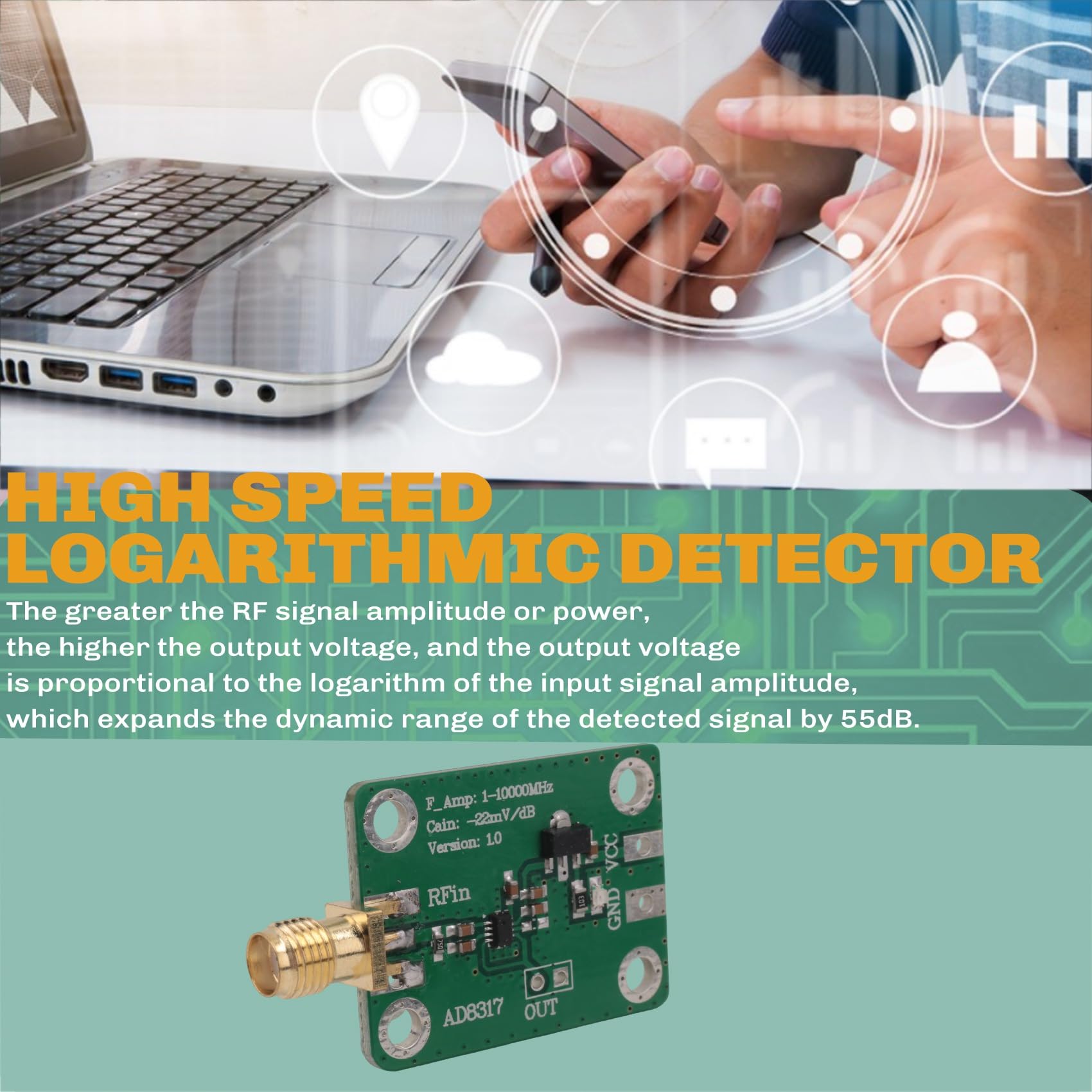 Detector LogaríTmico de Alta Velocidad AD8317 Detector de Registro de Medidor de Potencia de Salida de Registro de SeñAl, Controlador de 1M-10000MHz