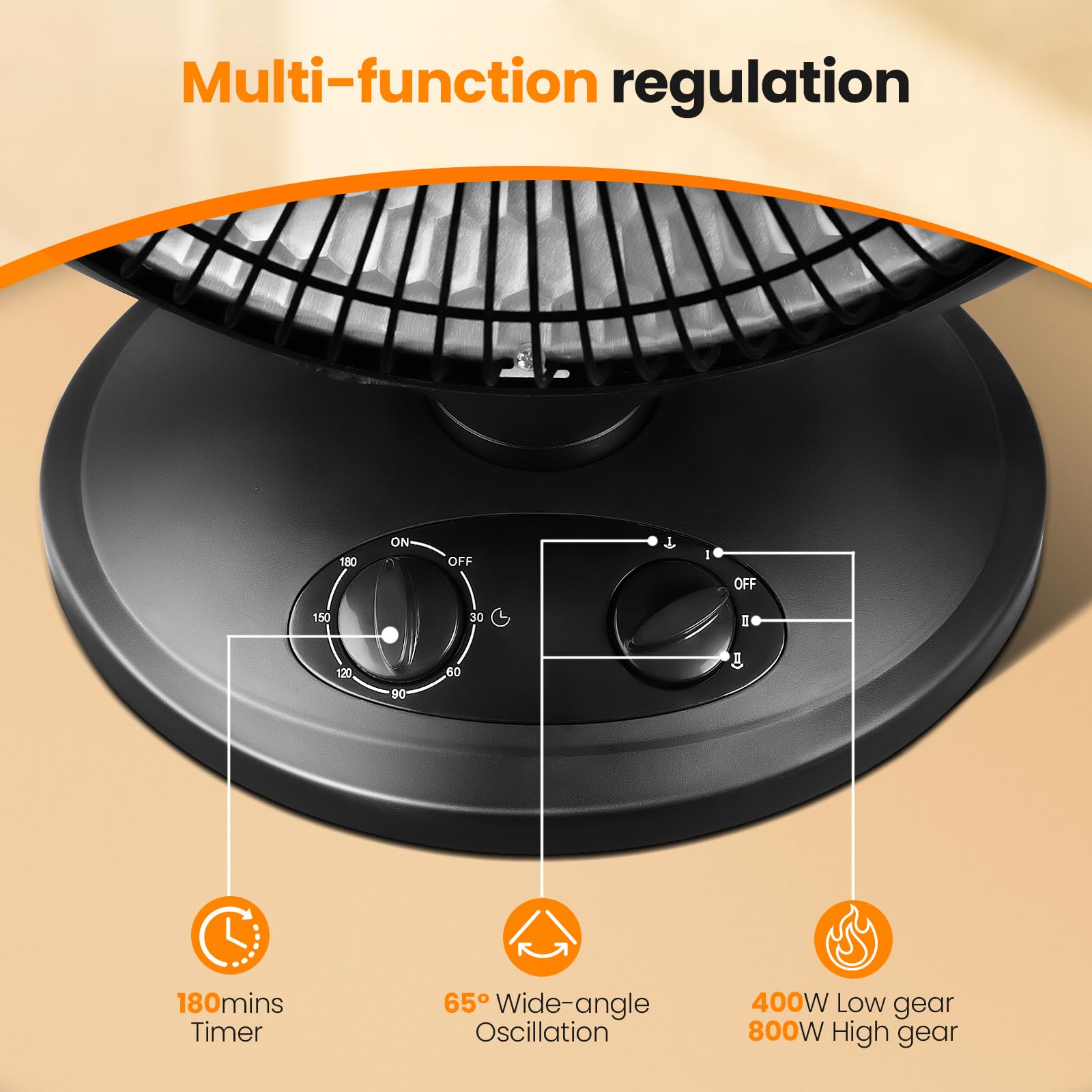 Kismile Oscillating Parabolic Space Heater with Thermostat and Timer, Radiant Dish Heater with Tip-Over and Overheating Protection For Indoor Use, 800w