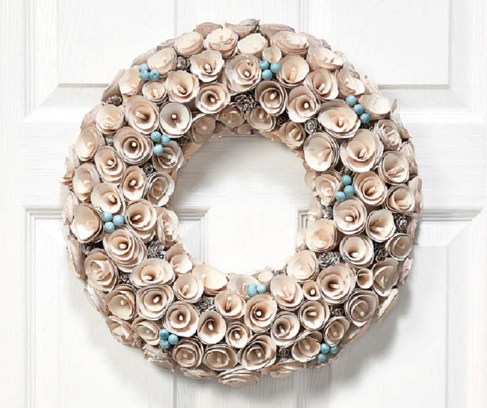 White & Teal Autumn ~ Wood Curl Wreath