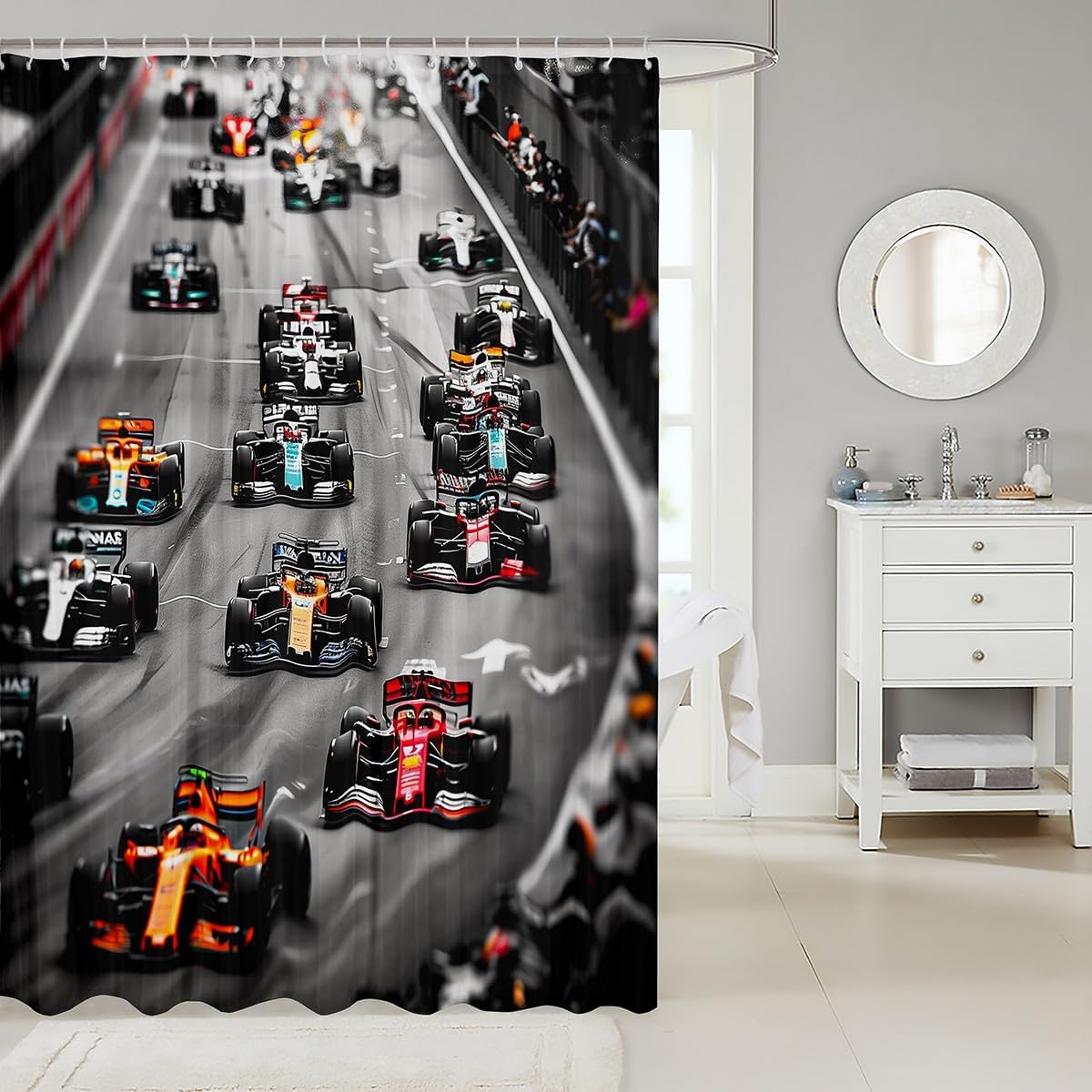 Racing Car Waterproof Shower Curtains Extreme Sports Theme Fabric Bathroom Shower Curtain Race Car Competition Dorm Bathtubs Decor Modern Luxury Grey Curtain 72 x 84 Inch