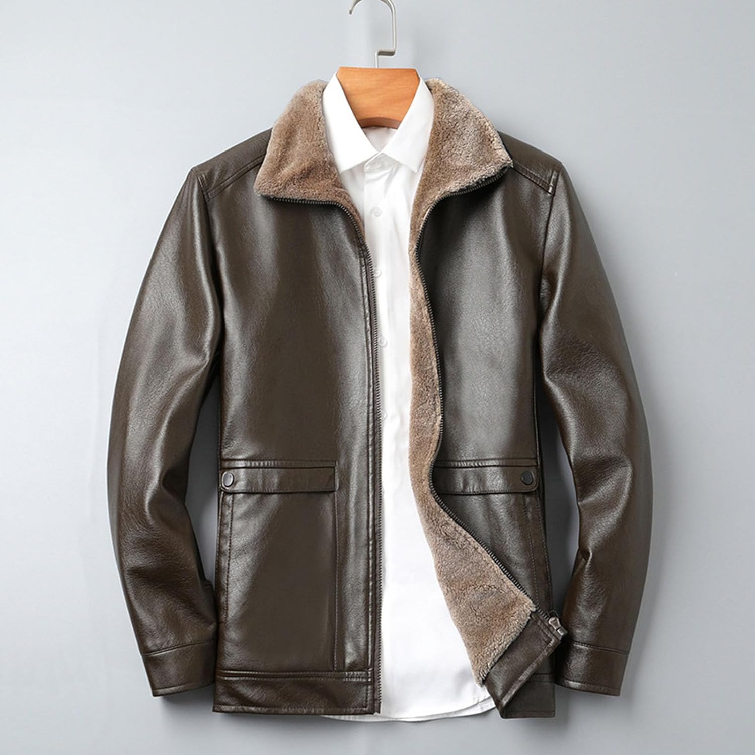 Men's Sherpa Fur Jacket Warm Winter Faux Shearling Bomber Coat Men Thickened Lapel Biker Motorcycle Leather Outwear