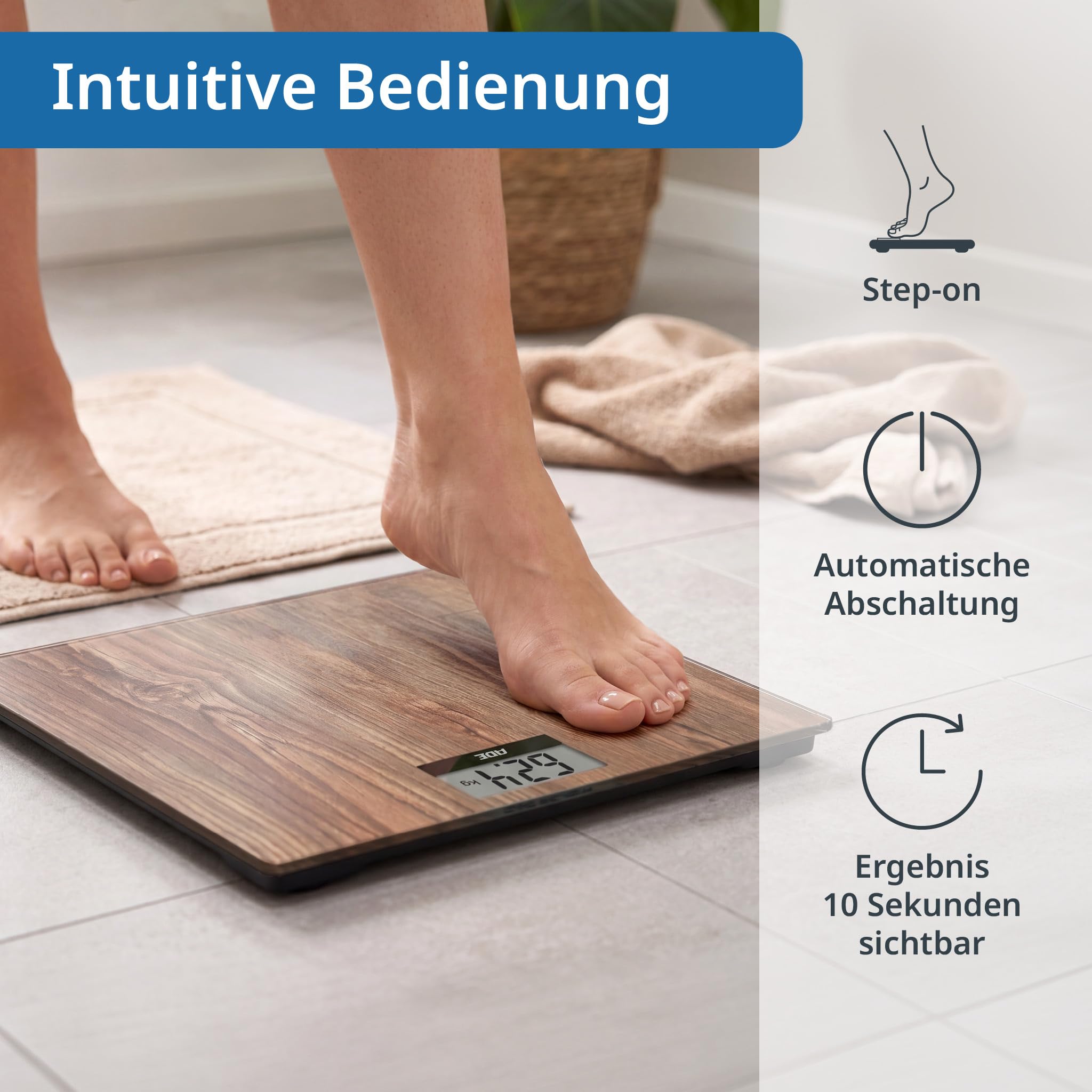 ADE Digitale Körperwaage in gemütlicher Holzoptik | großes Display | rutschhemmende Wiegefläche aus Sicherheitsglas | genaue Wiegeergebnisse