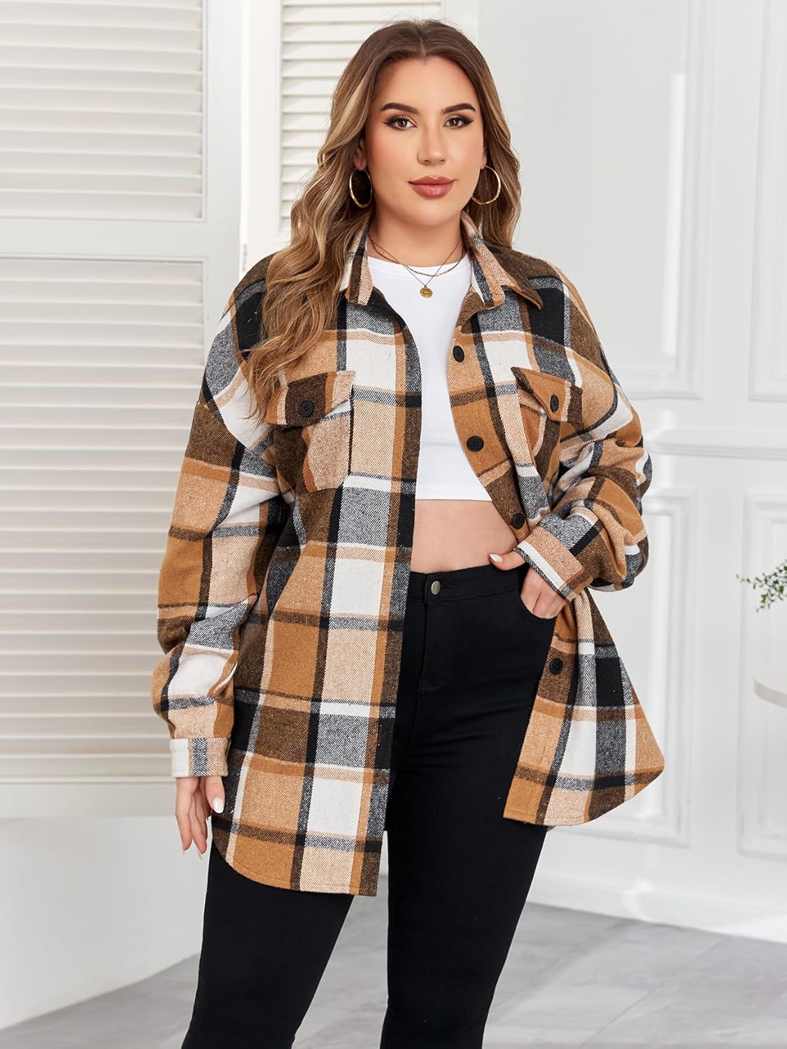ZOMVA 2025 Women's 1X-5X Plus Size Flannel Plaid Corduroy Shacket Jacket Oversized Button Down Coats Shirts Winter Fall - Image 4