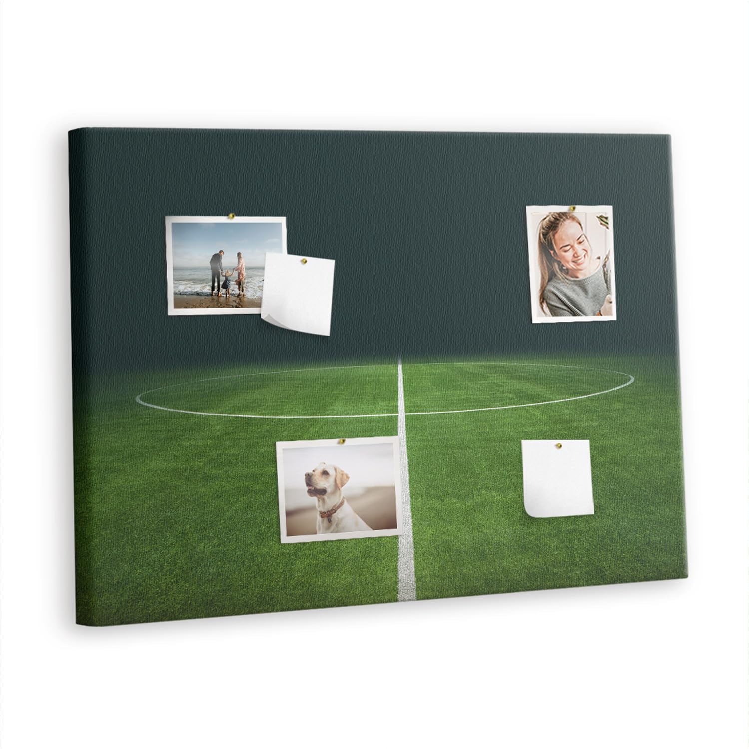 Tablero horizontal de corcho decorativo | organizador visual para notas fotos y recordatorios | oficina home office escuela | montaje fácil incluido - 100x70 - vistoso - campo de fútbol