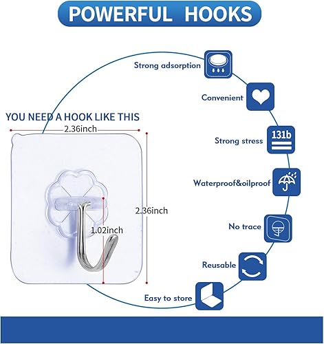 Miniatura 2 de Ganchos adhesivos de alta calidad para cocina, ganchos de pared resistentes de 13 libras (máx.), ganchos transparentes reutilizables sin costuras