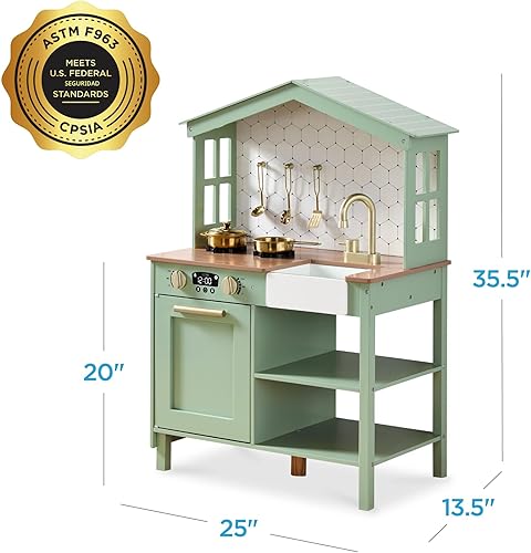 Miniatura 8 de Best Choice Products Juego de cocina de madera para niños con almacenamiento de juguetes, perillas de clic, ventanas, 5 accesorios incluidos, salvia