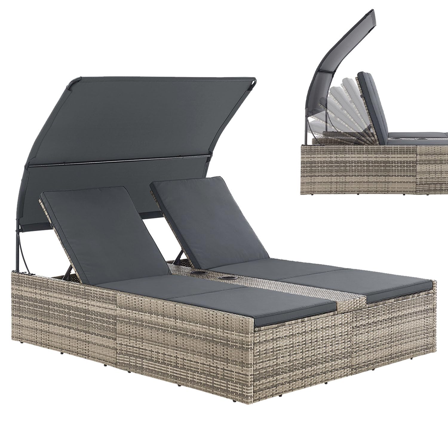 Juskys Polyrattan Doppelliege Syros - Garten Sonnenliege für 2 Personen - Outdoor Liege mit Dach & Auflagen - Kopfteil verstellbar - Grau-meliert