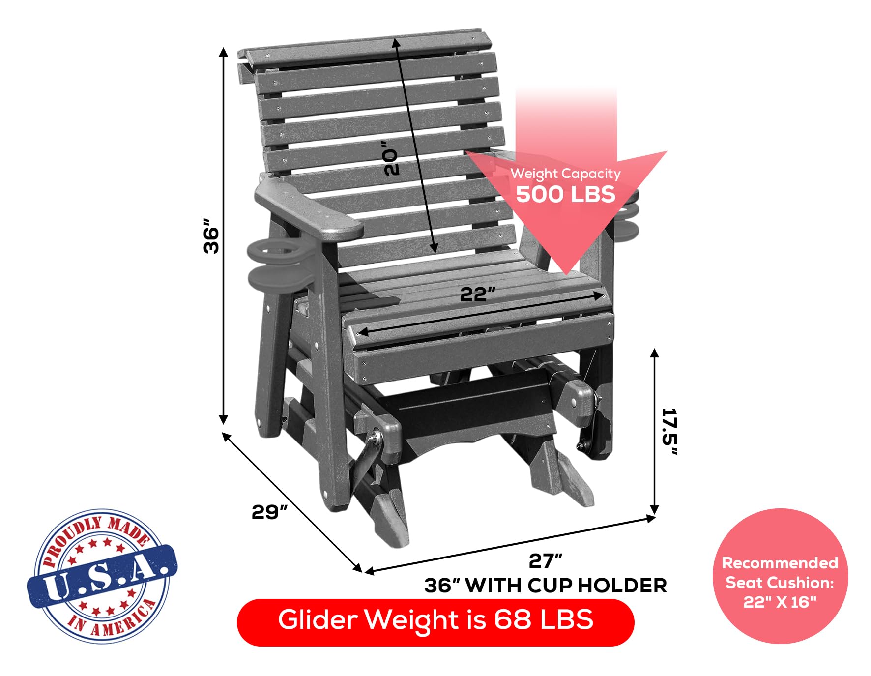 Amish Craftsmanship Made in USA 2FT Heavy Duty Poly Lumber Wood Porch Glider Premium Colors HDPE with No wood fibers Lancaster Series Rollback design 500 lbs Limit With Cupholders Solid-Gray