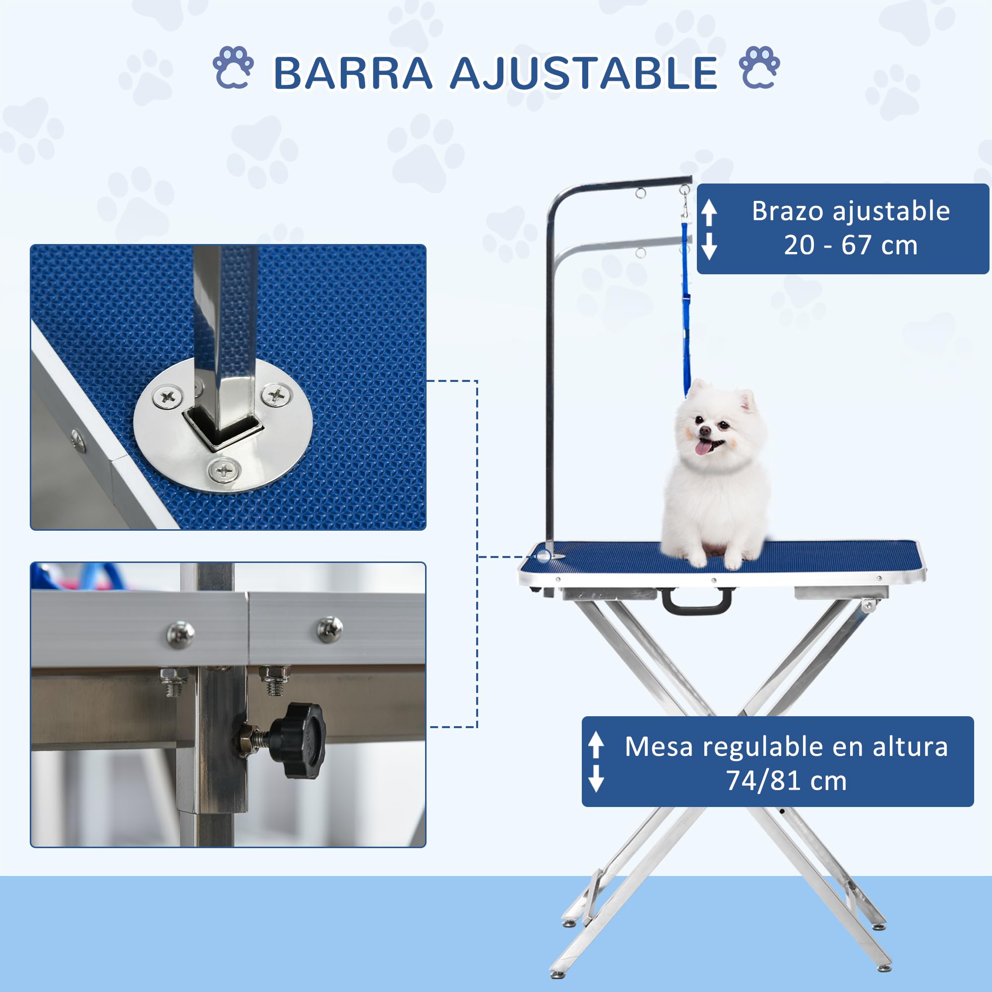 PawHut Mesa de Peluquería para Mascotas Mesa de Aseo 72x45x74-81 cm Azul | Altura Regulable, Encimera Antideslizante, Patas Plegables de Acero Inoxidable, Asa y Brazo con Altura Ajustable