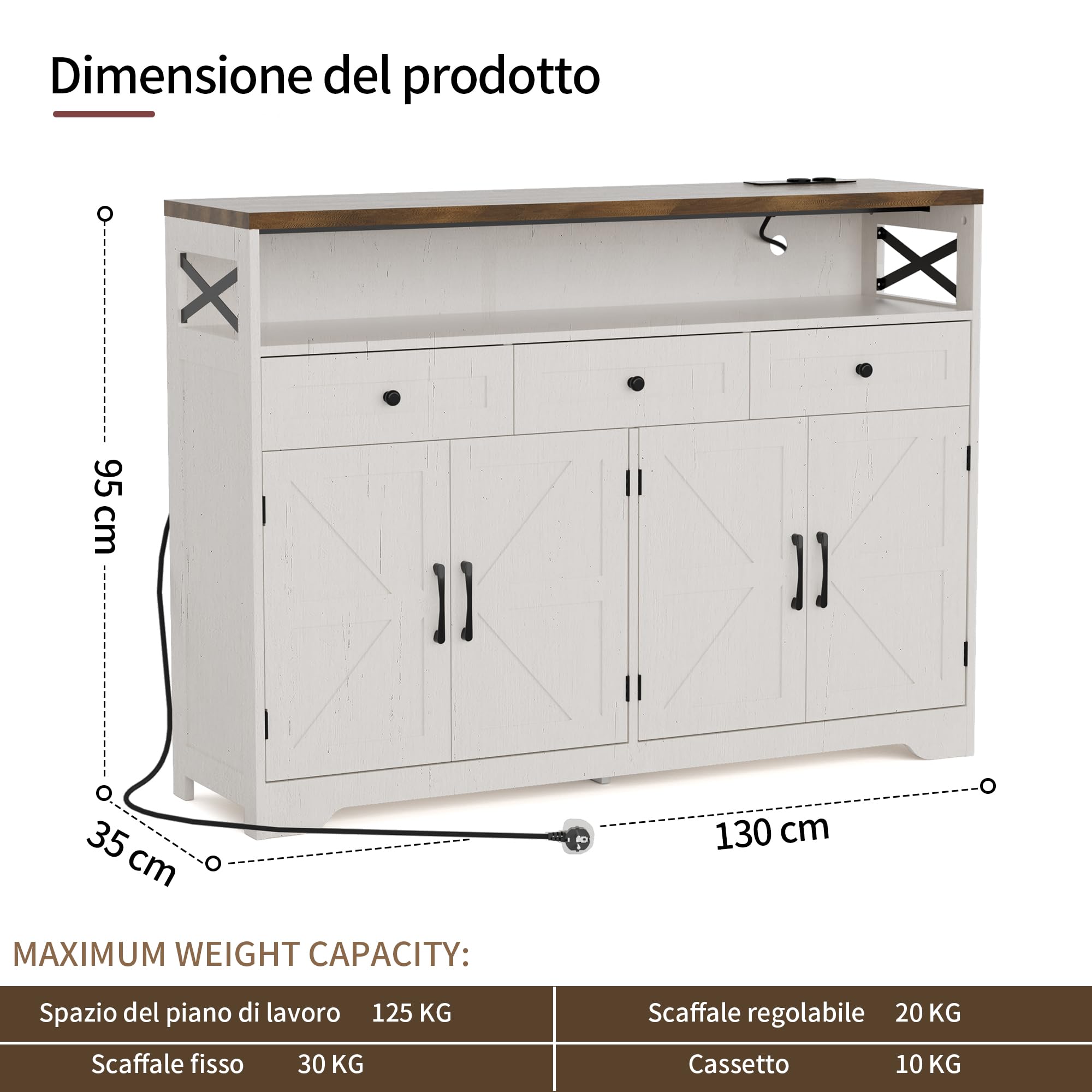 BonVache Credenza, credenza con cassetti, credenza con scaffali aperti, per cucina, sala da pranzo, soggiorno, 130 x 35 x 95 cm, bianco